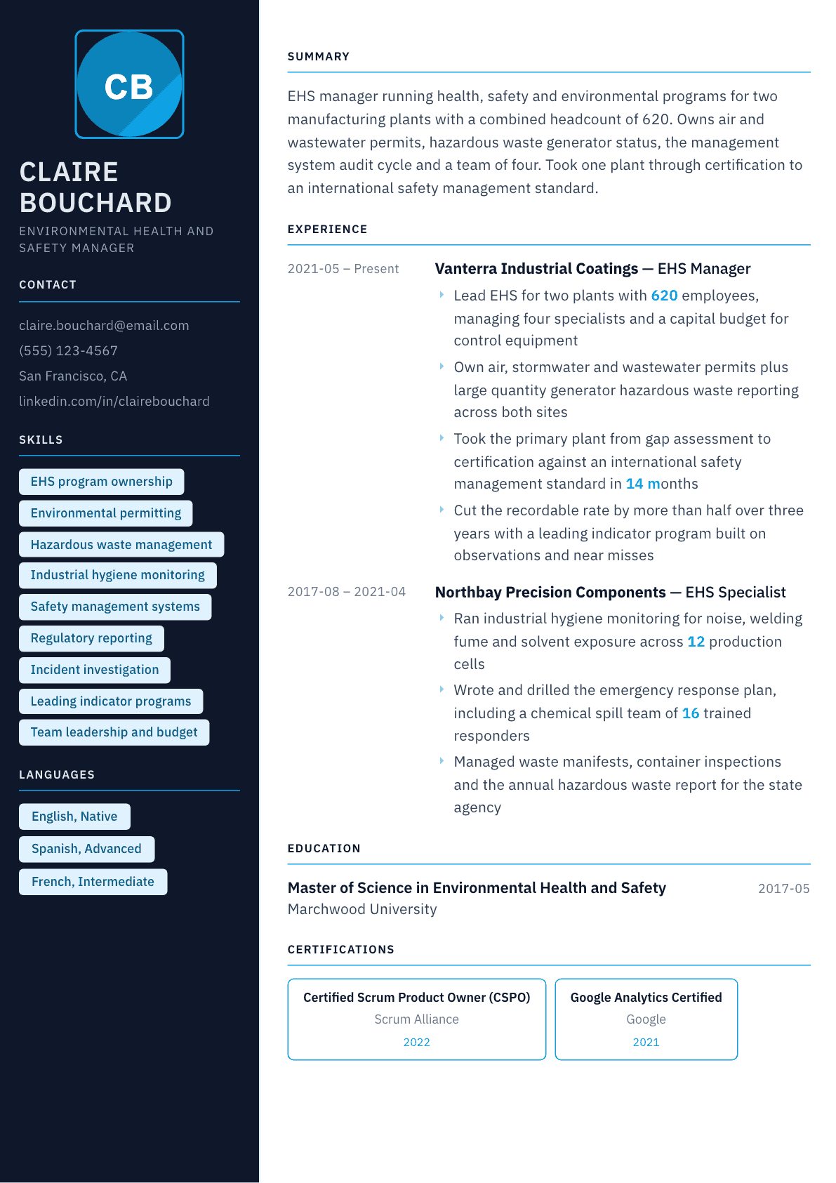 Environmental Health and Safety Manager resume example, Everest template