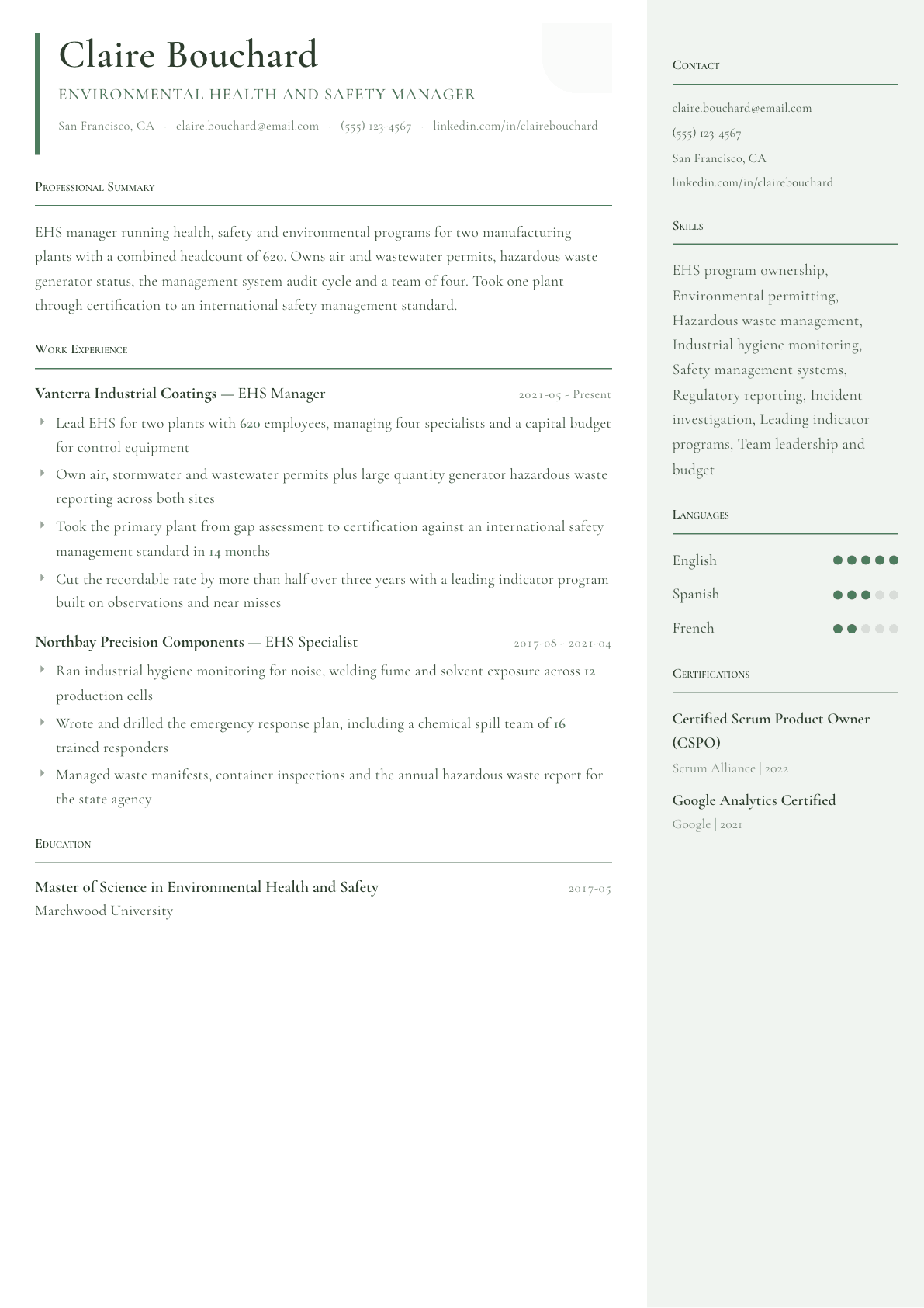 Environmental Health and Safety Manager resume example, Copenhagen template