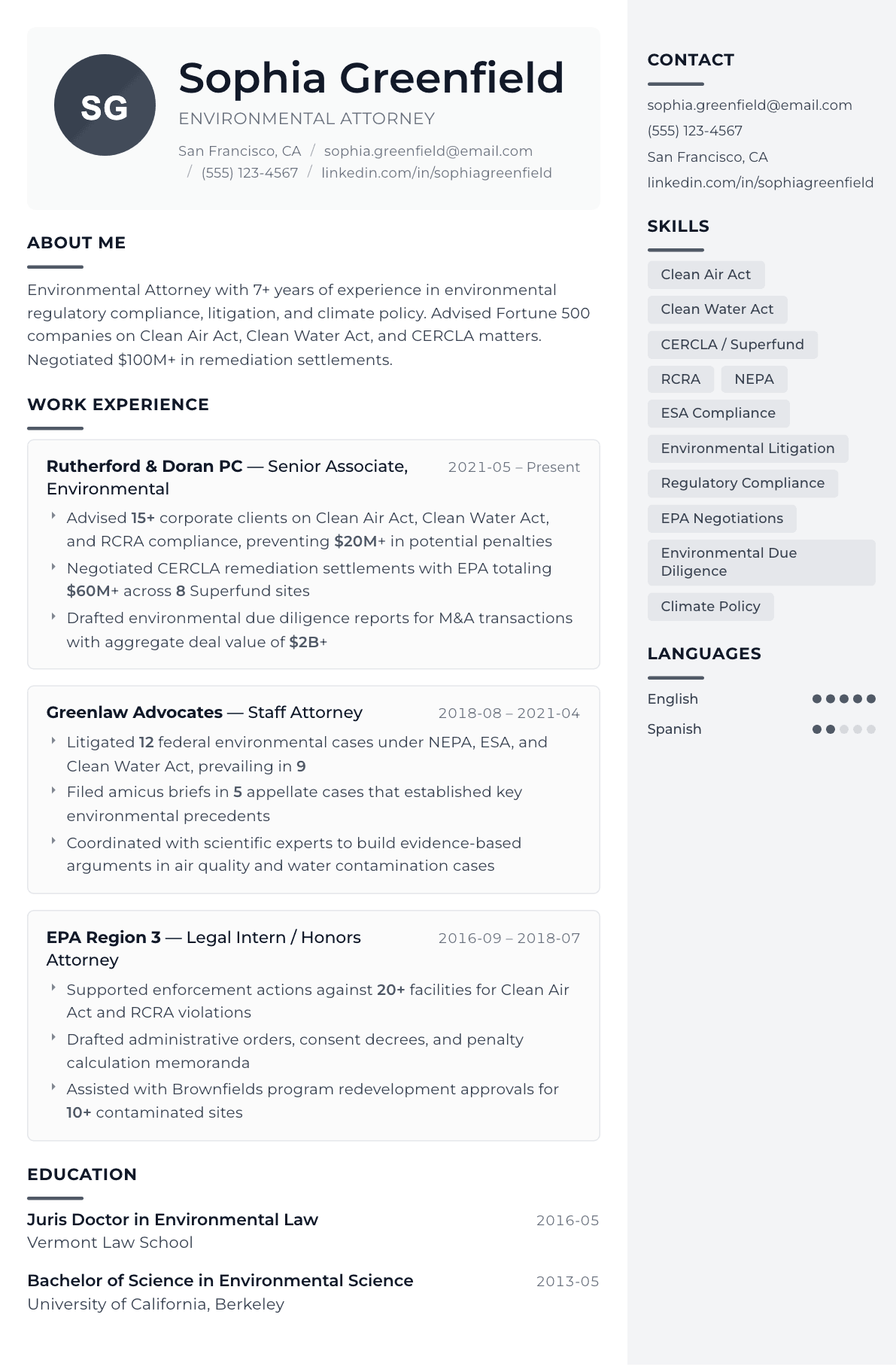 Environmental Lawyer resume example, Metropolitan template