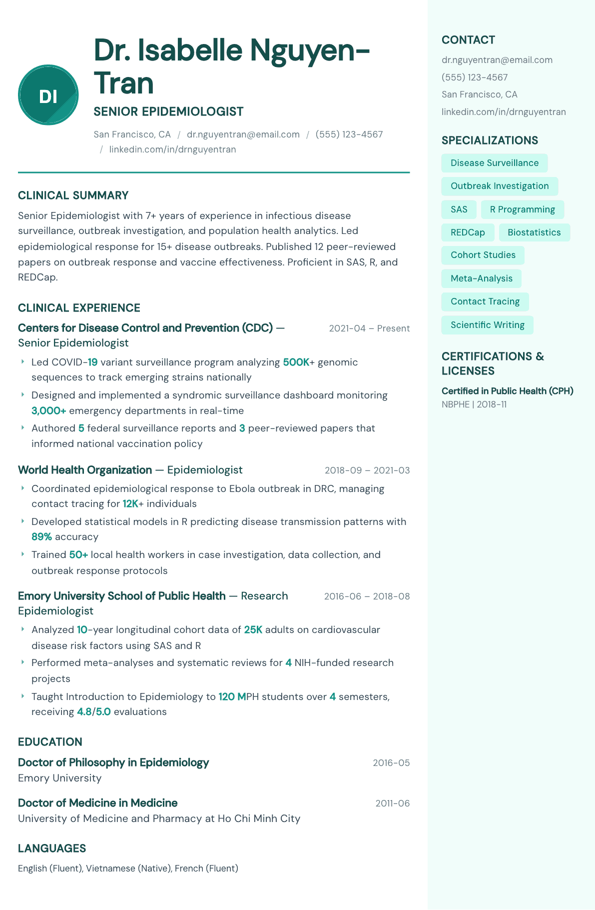 Epidemiologist resume example, Remedy template