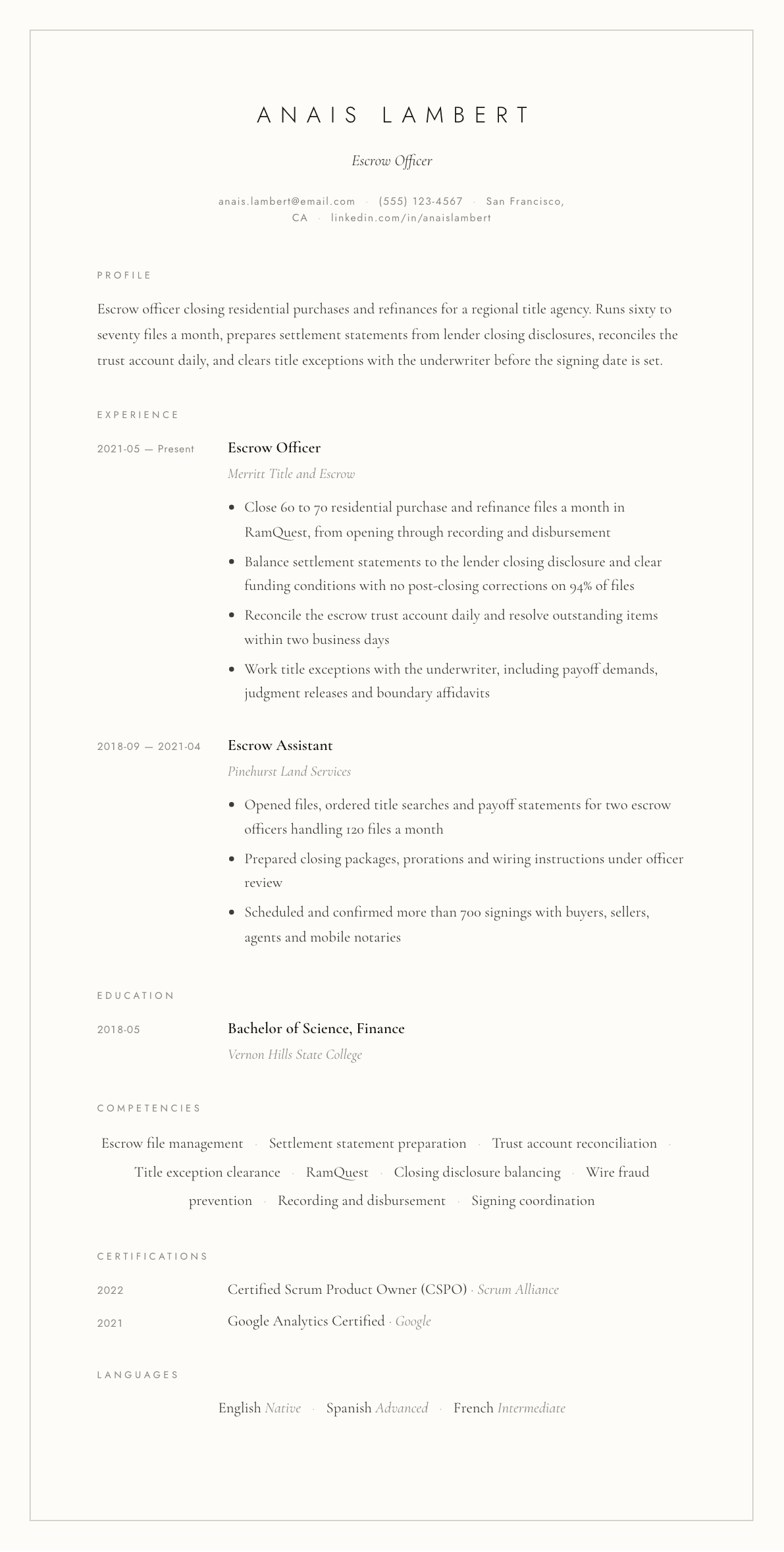 Escrow Officer resume example, Vellum template