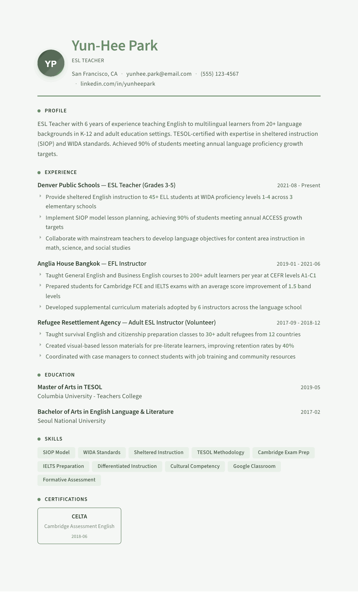 ESL Teacher resume example, Sage Garden template