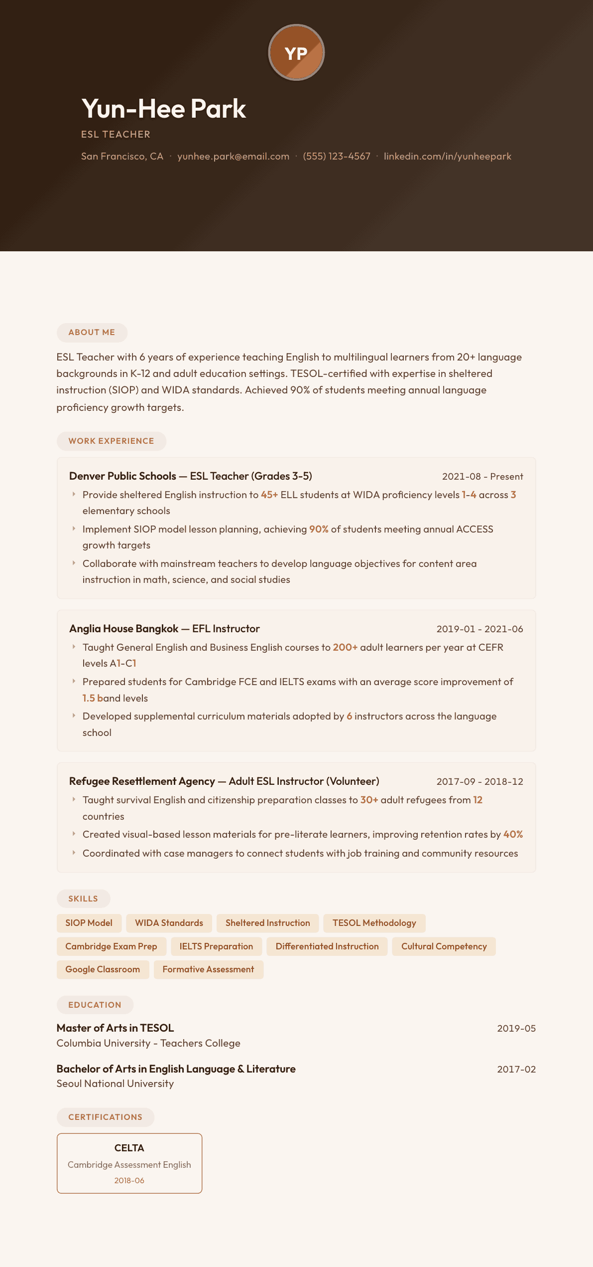 ESL Teacher resume example, Terracotta Studio template