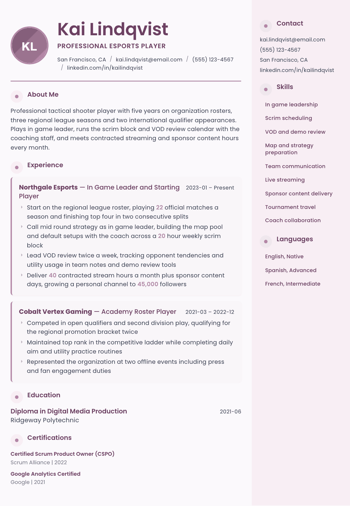 Esports Player resume example, Bloom template