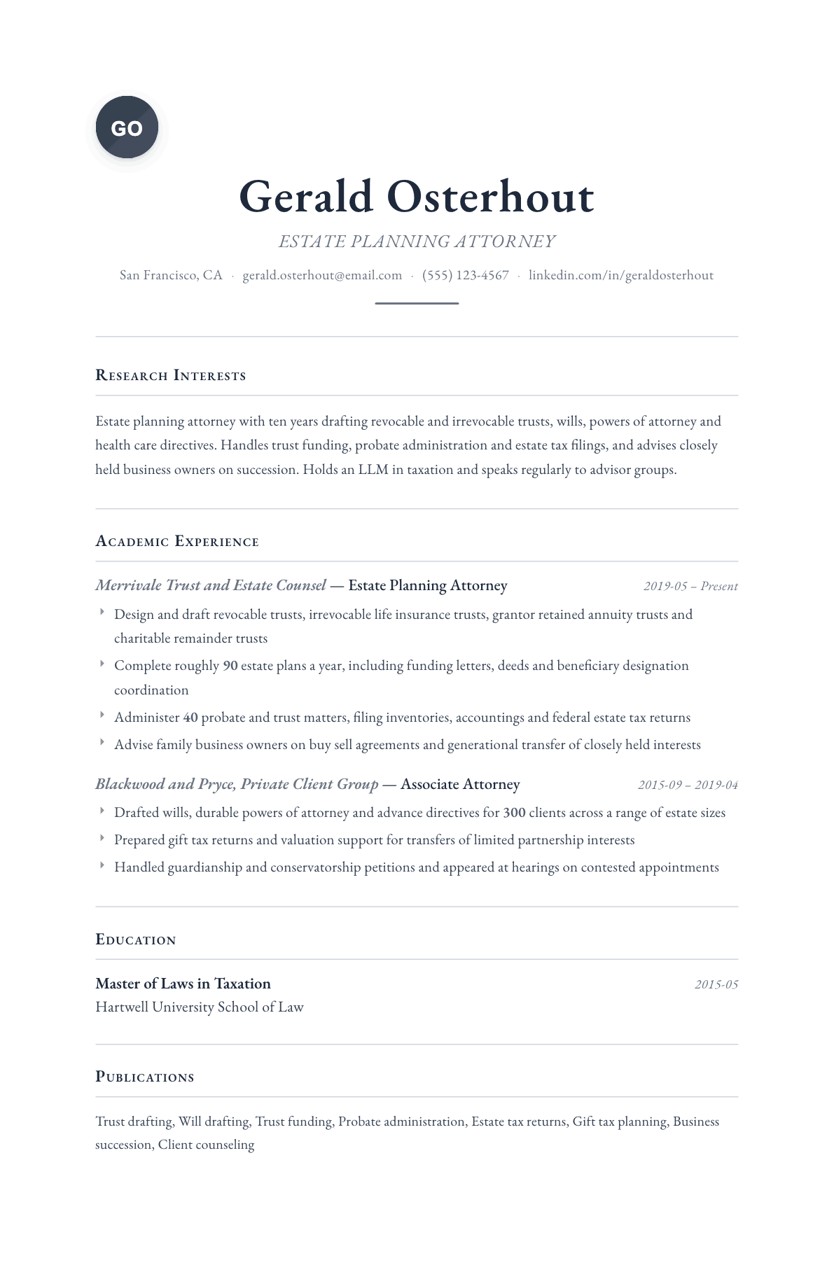 Estate Planning Attorney resume example, Scholar template