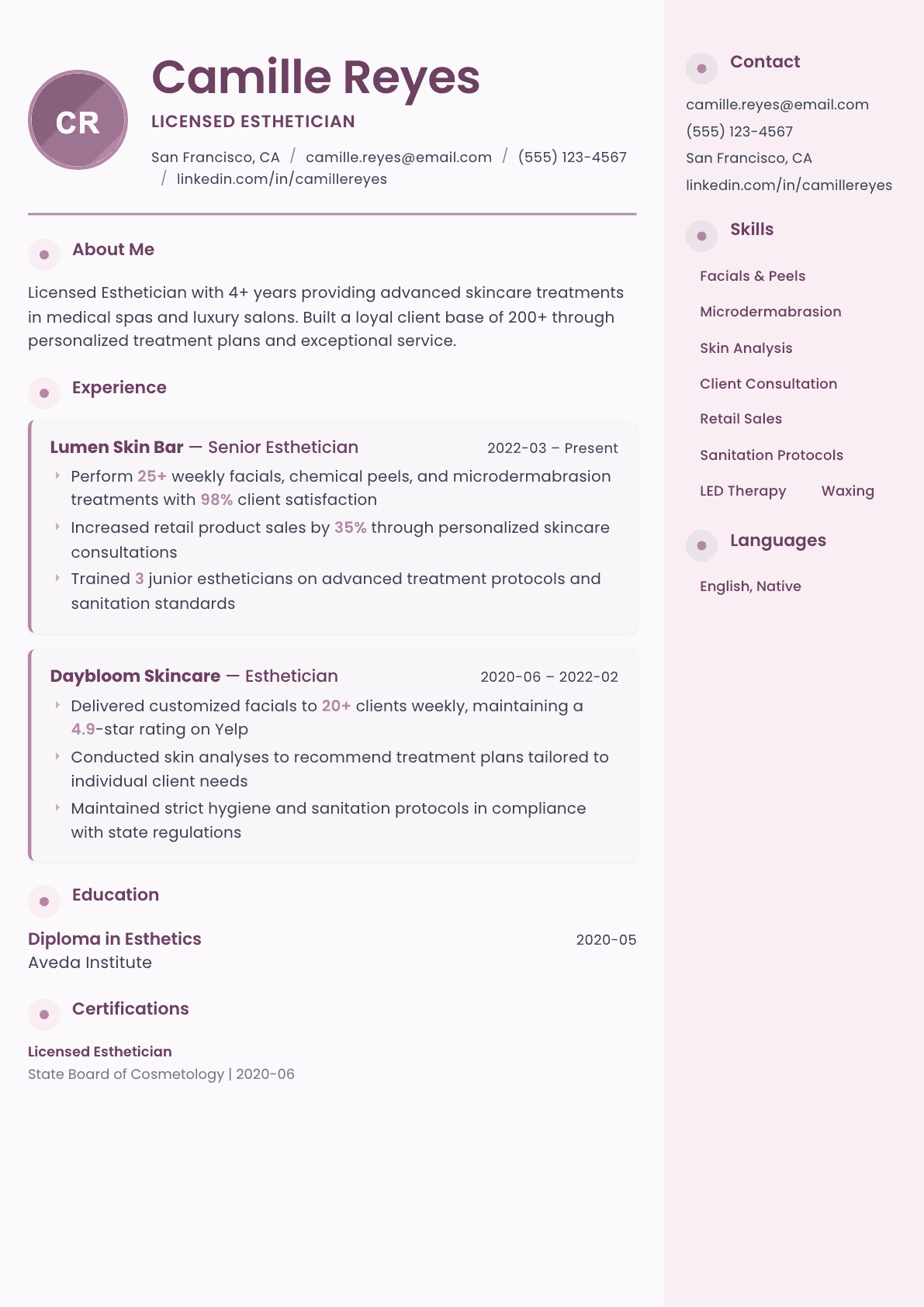 Esthetician resume example, Bloom template