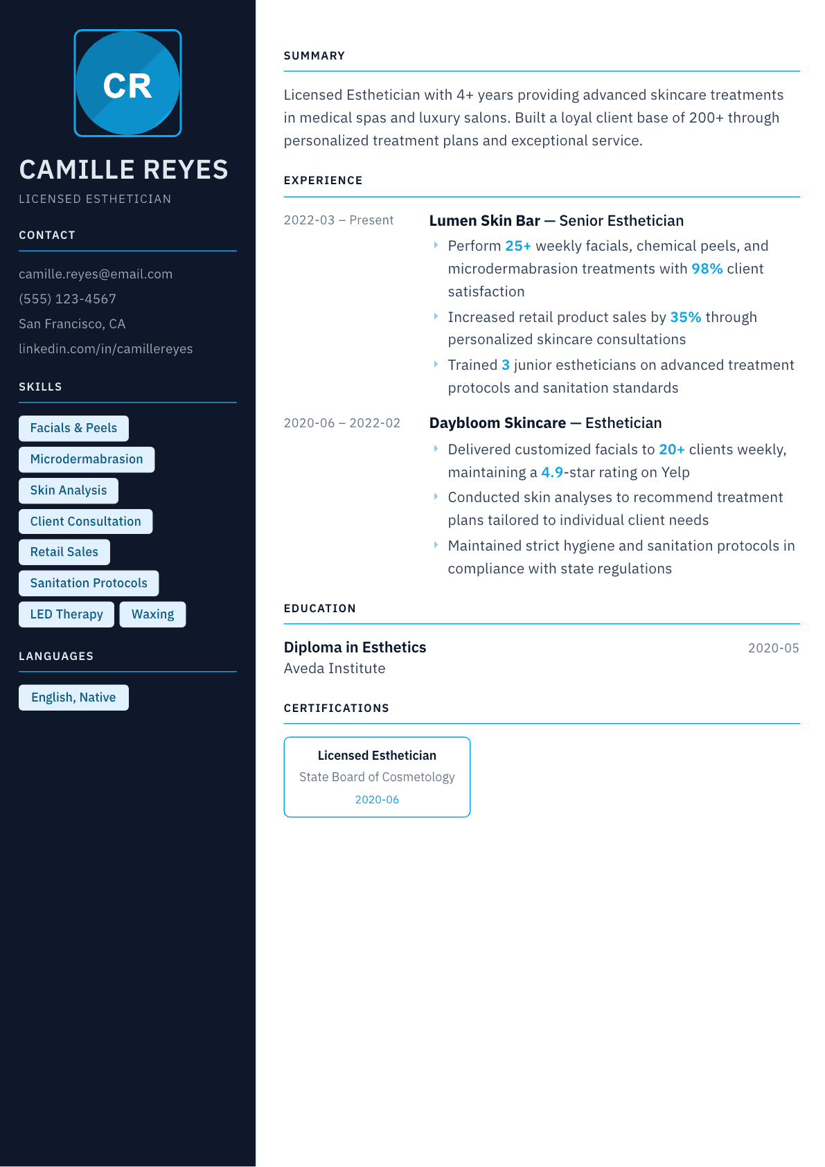 Esthetician resume example, Everest template