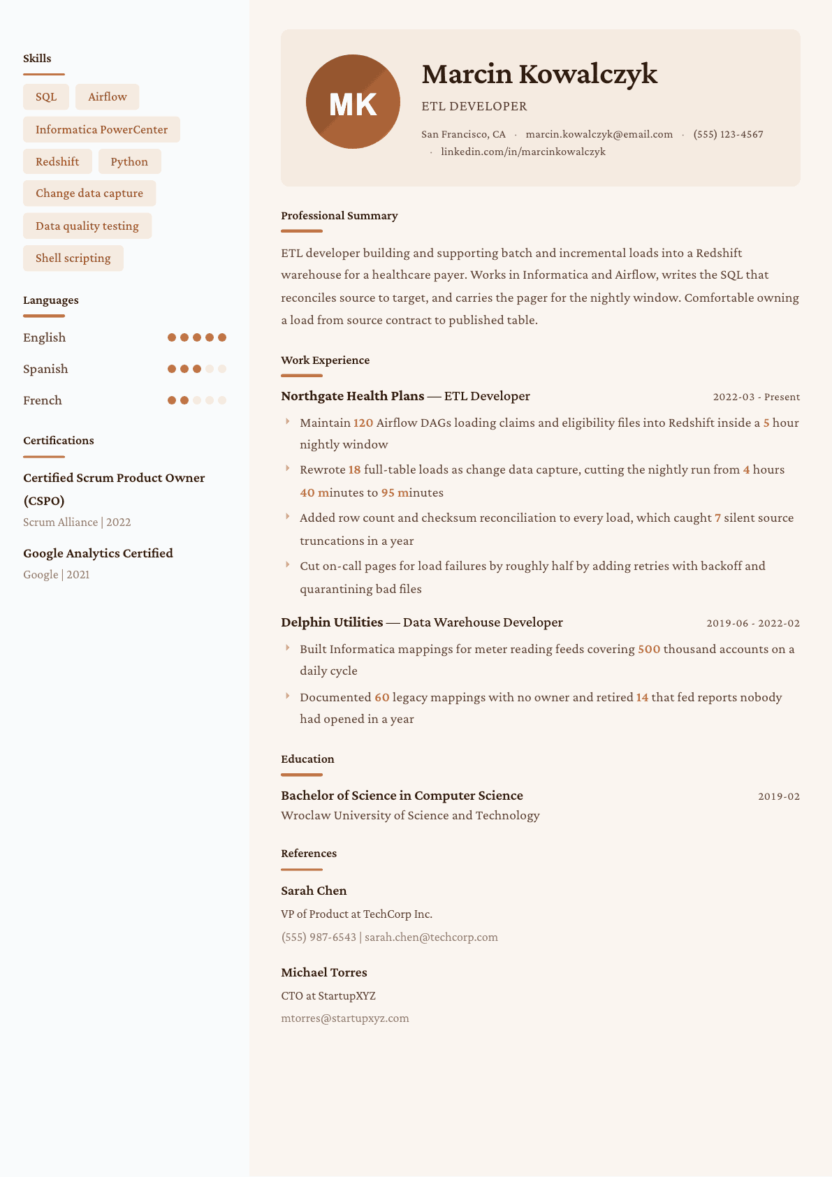 ETL Developer resume example, Lisbon template