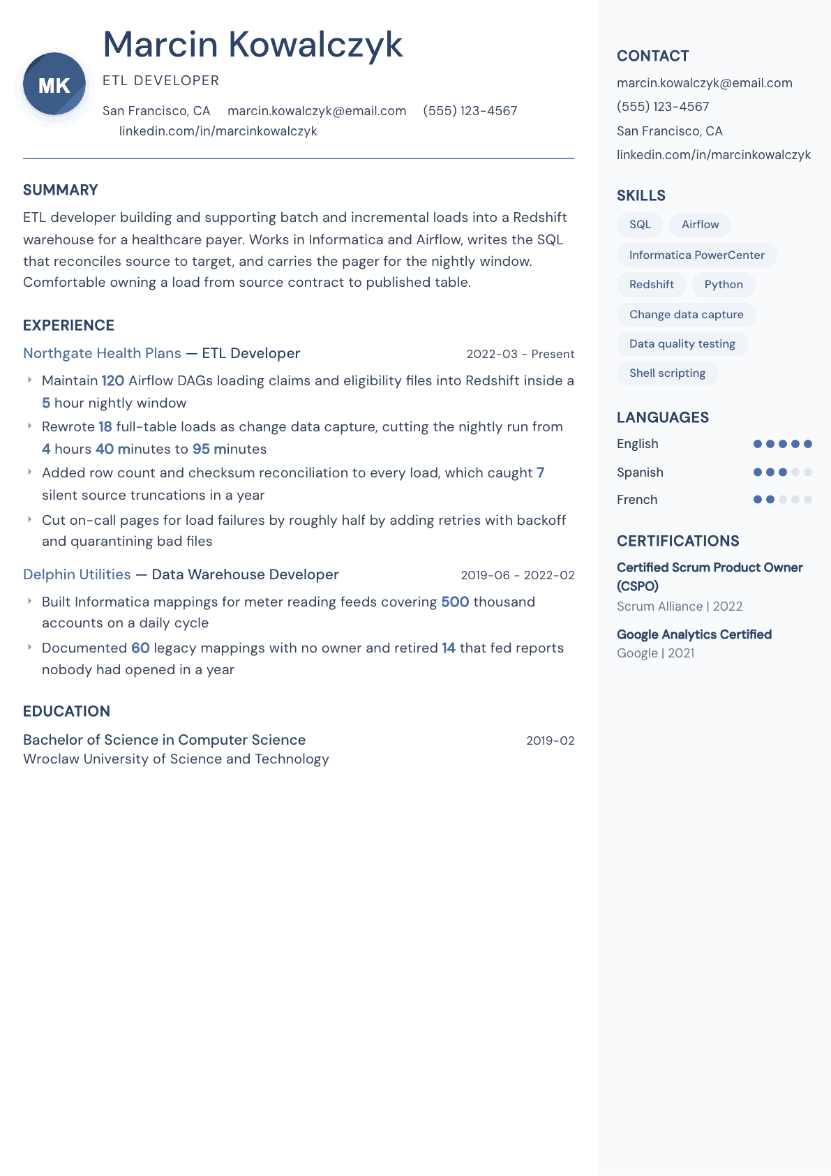 ETL Developer resume example, Kernel template