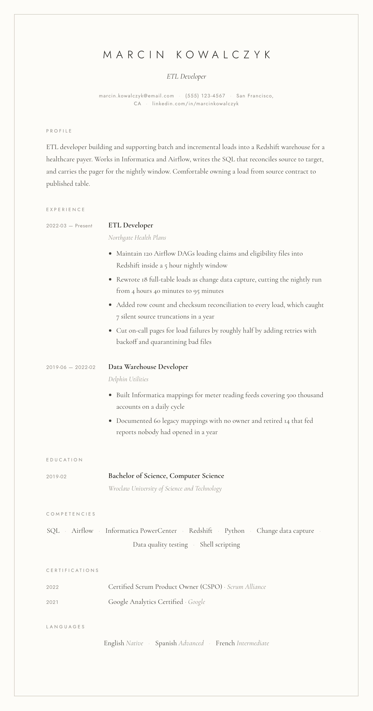 ETL Developer resume example, Vellum template
