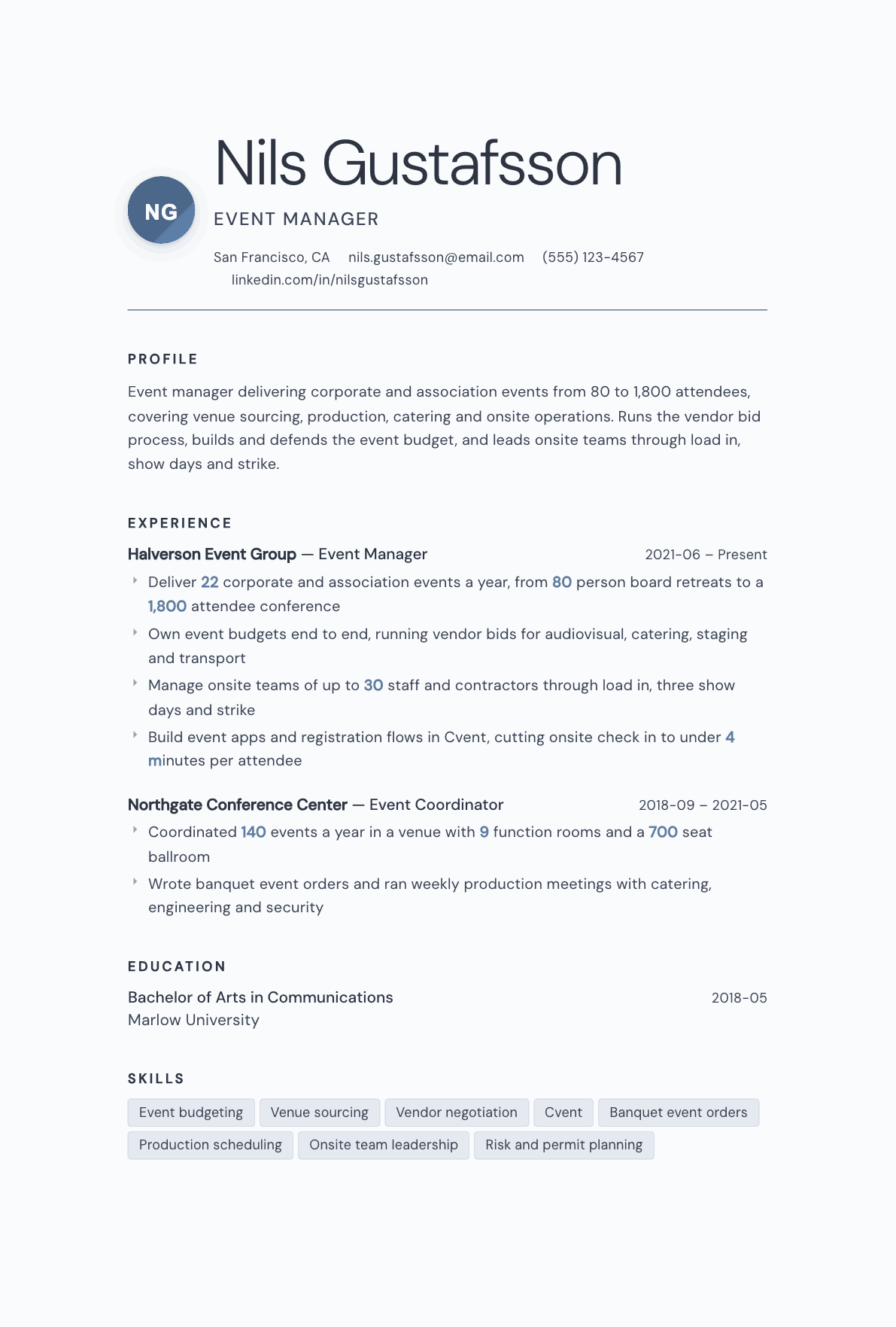 Event Manager resume example, Nordic template