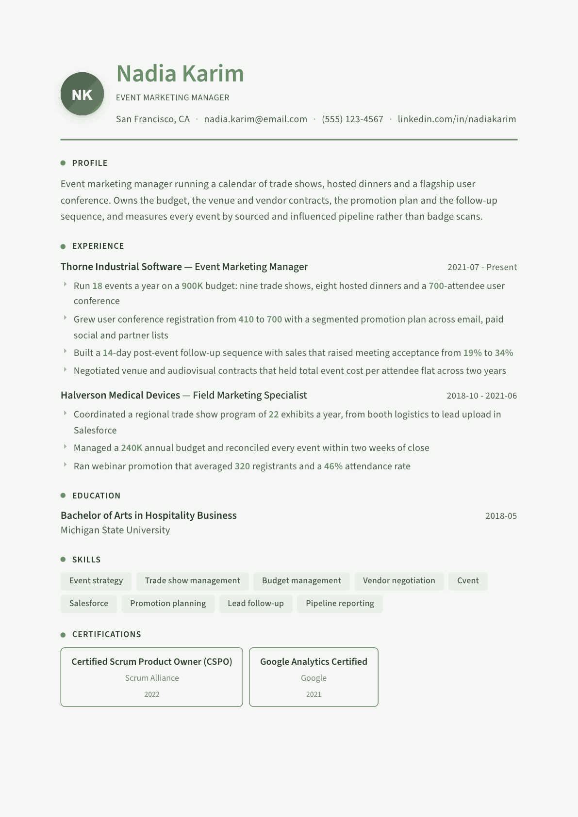 Event Marketing Manager resume example, Sage Garden template