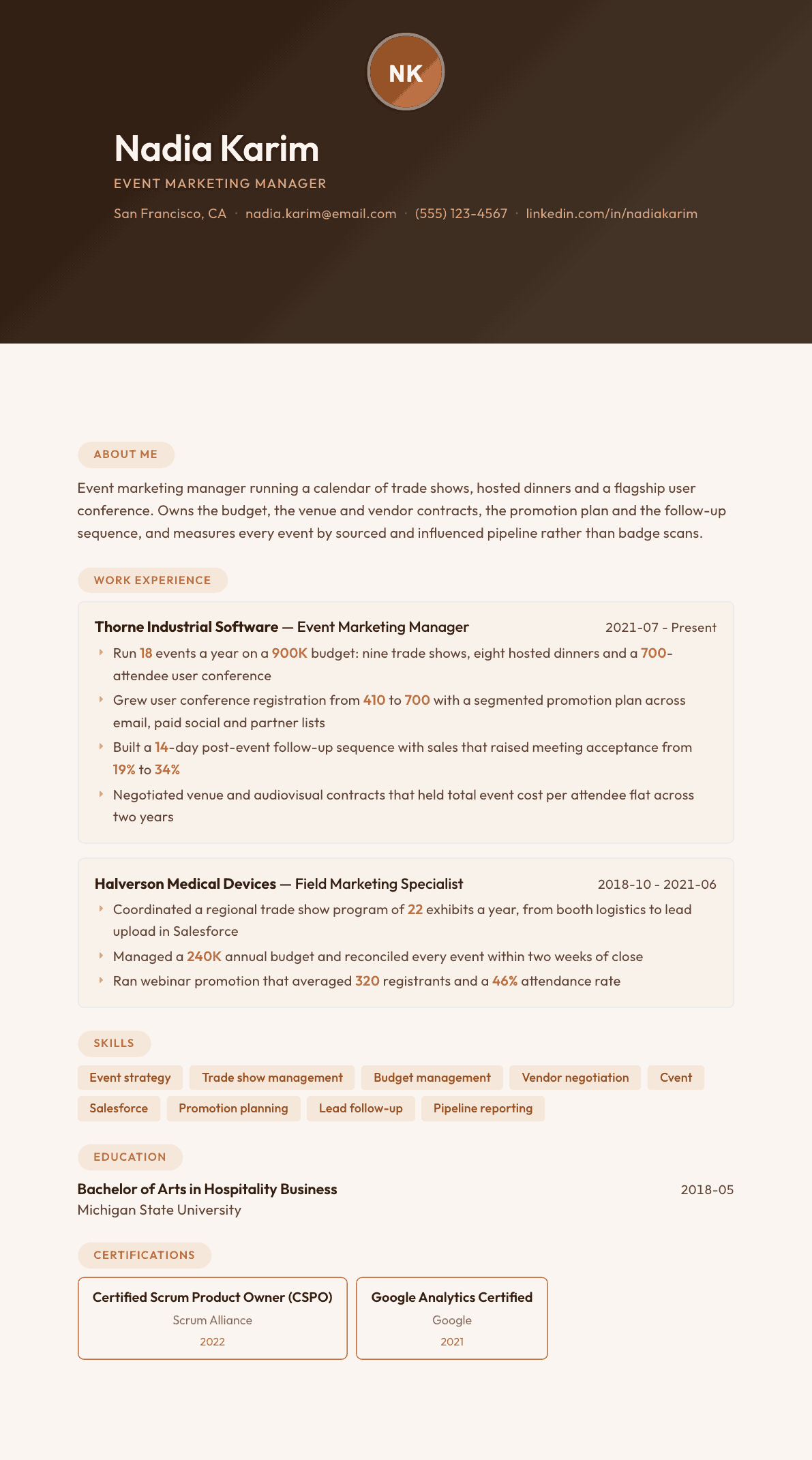 Event Marketing Manager resume example, Terracotta Studio template