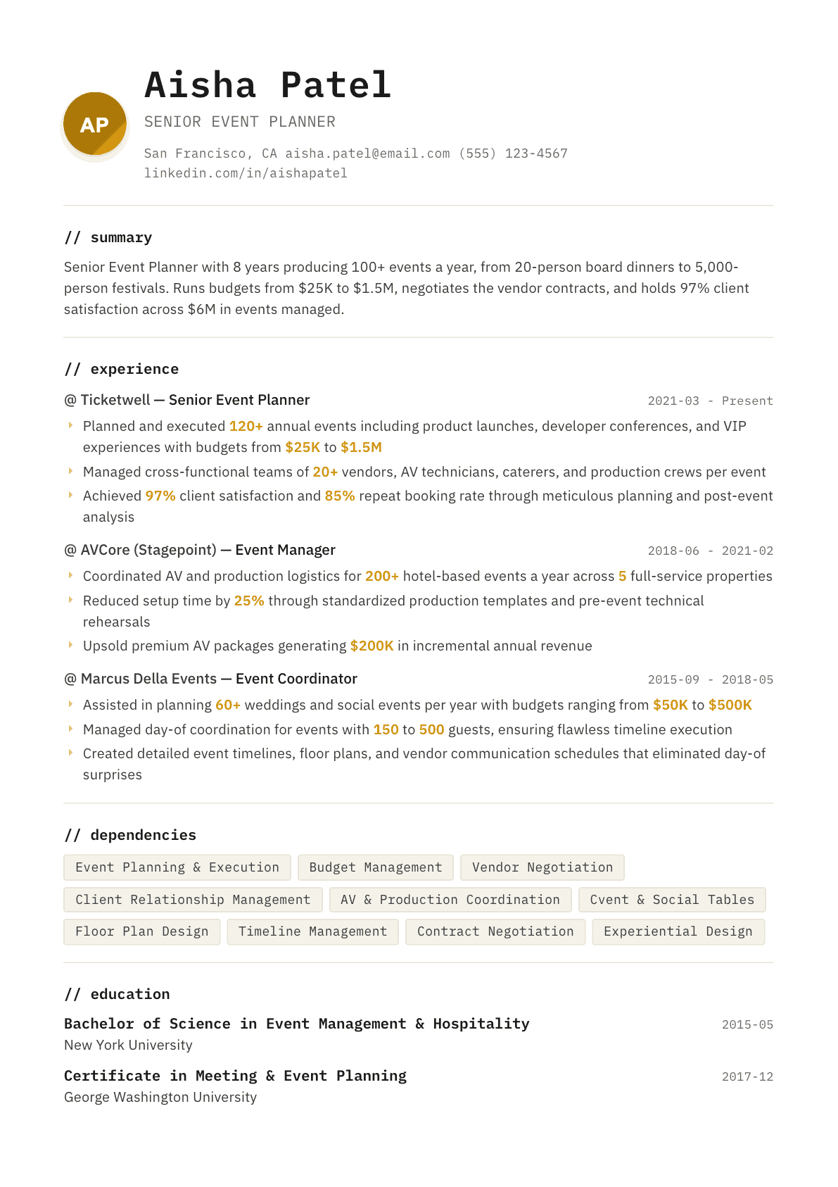 Event Planner resume example, Terminal template