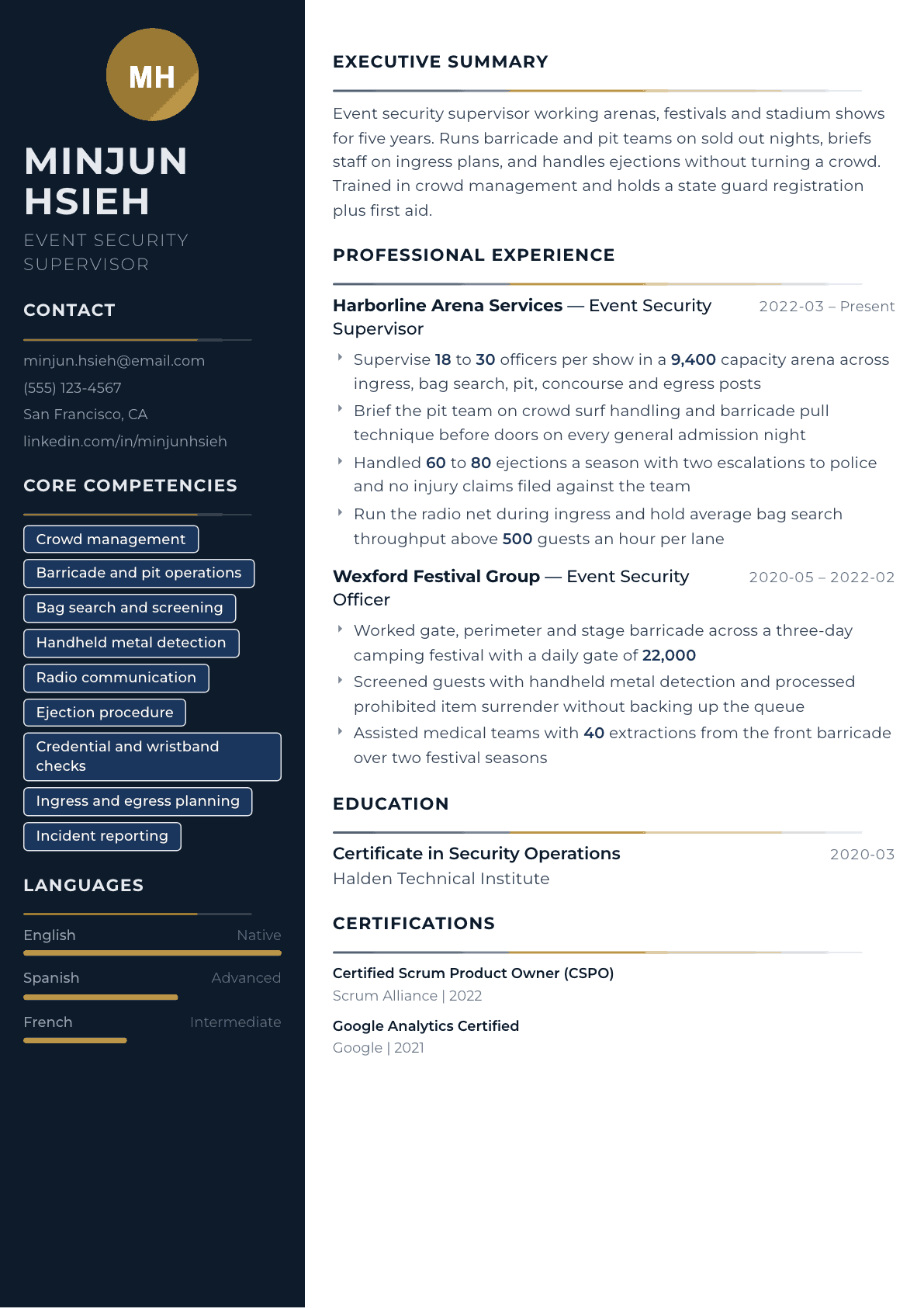 Event Security resume example, Catalyst template