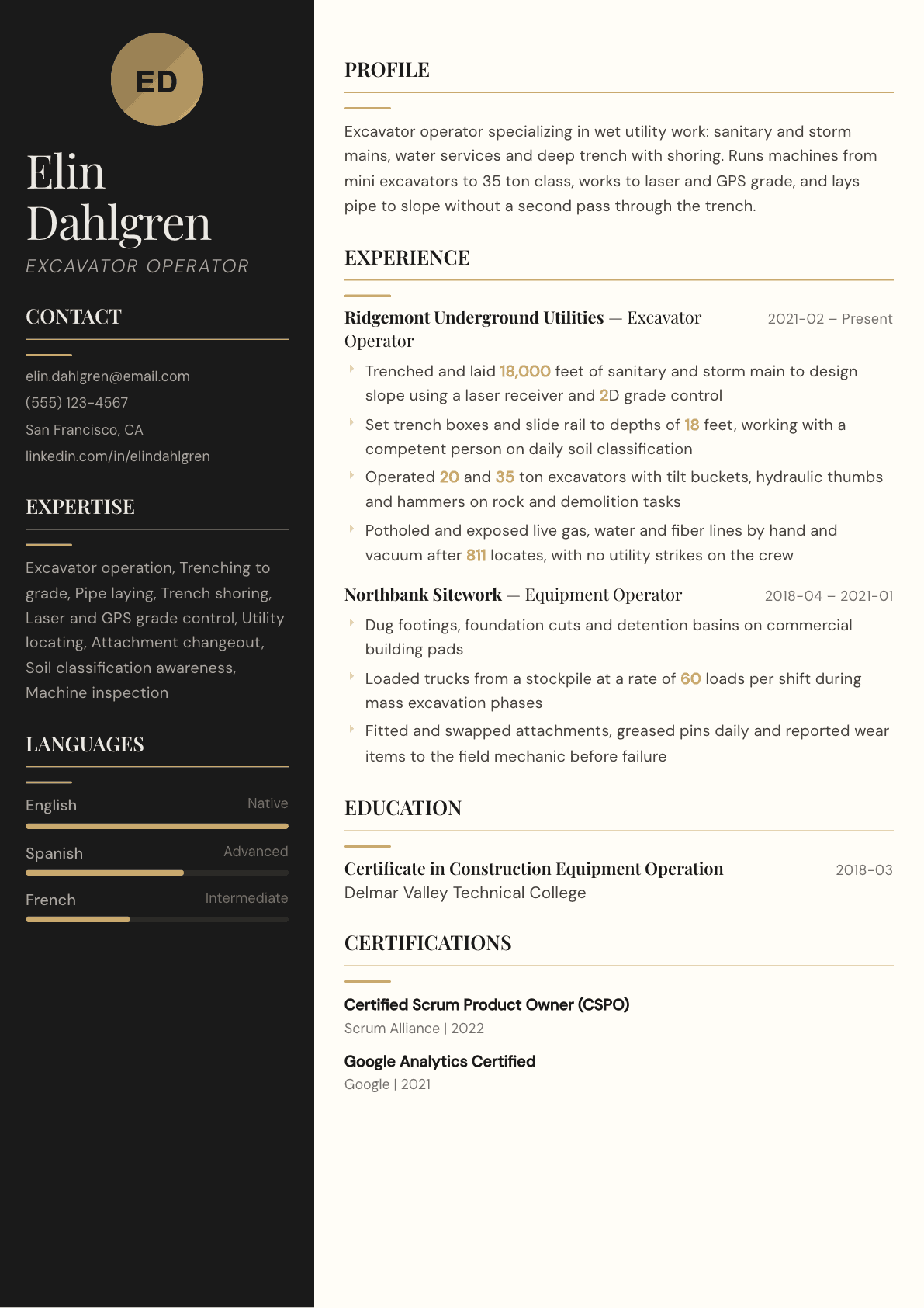 Excavator Operator resume example, Obsidian template