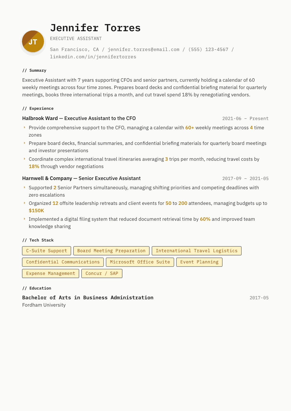 Executive Assistant resume example, Inkwell template