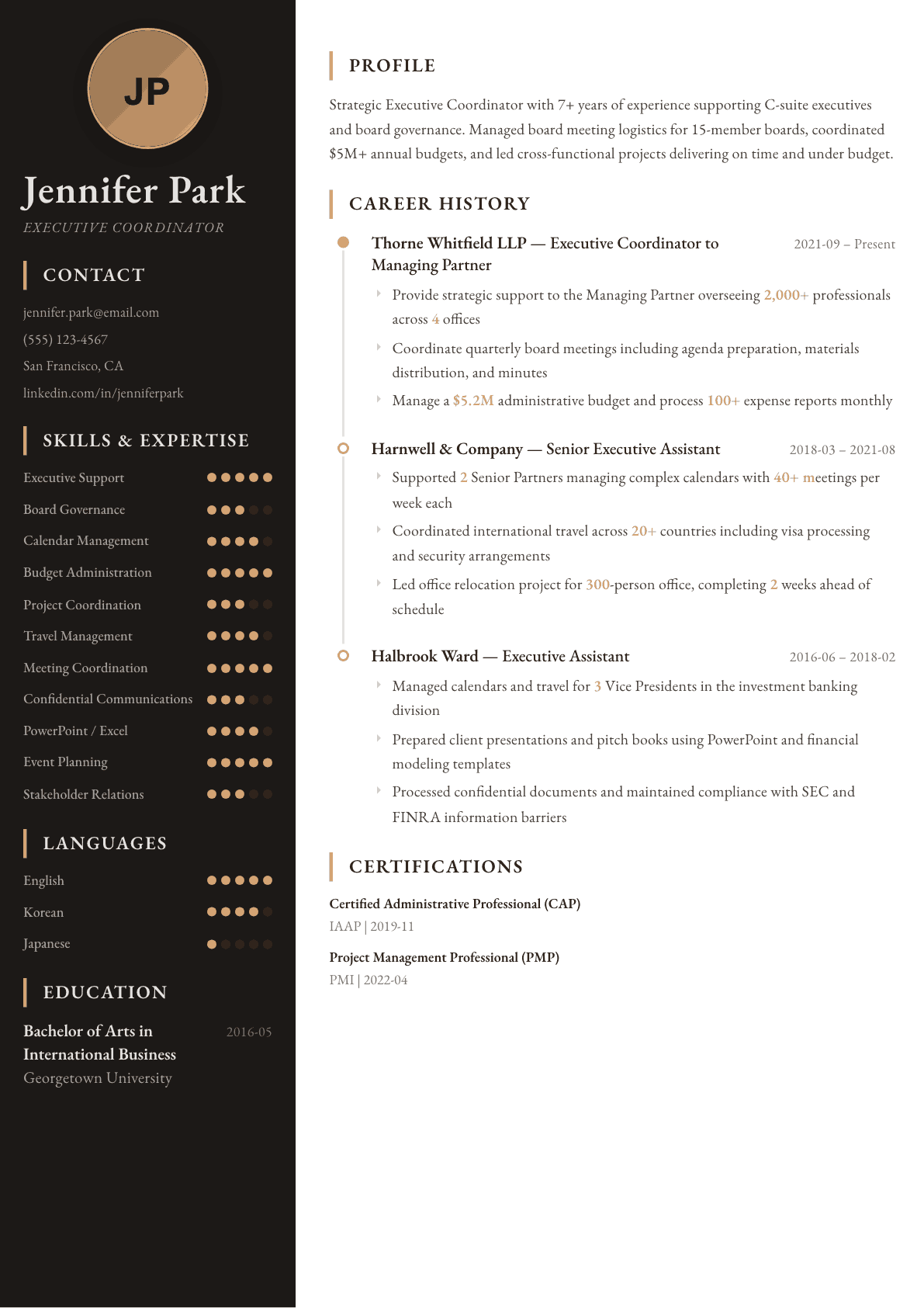 Executive Coordinator resume example, Heritage template