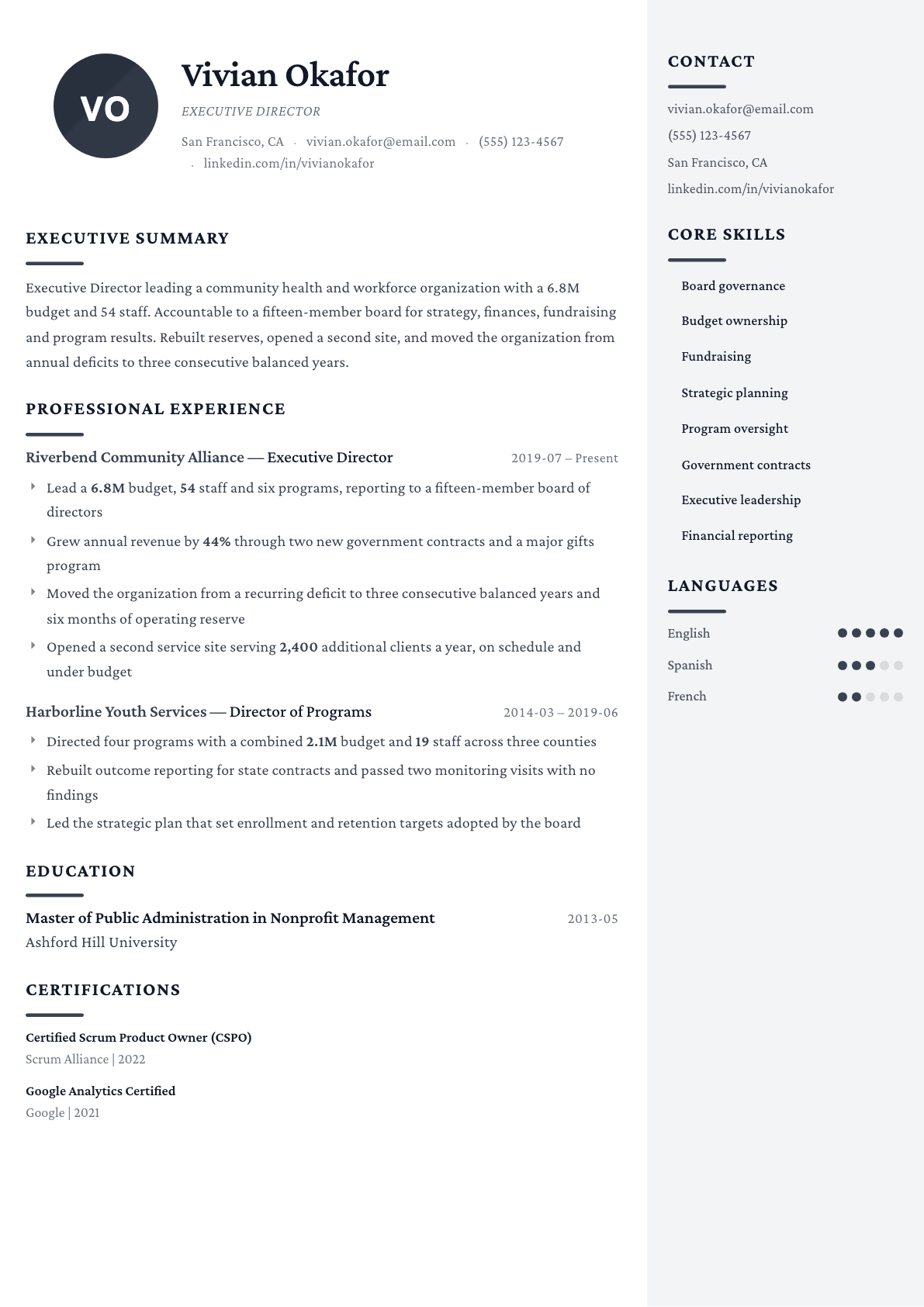 Executive Director resume example, Monarch template