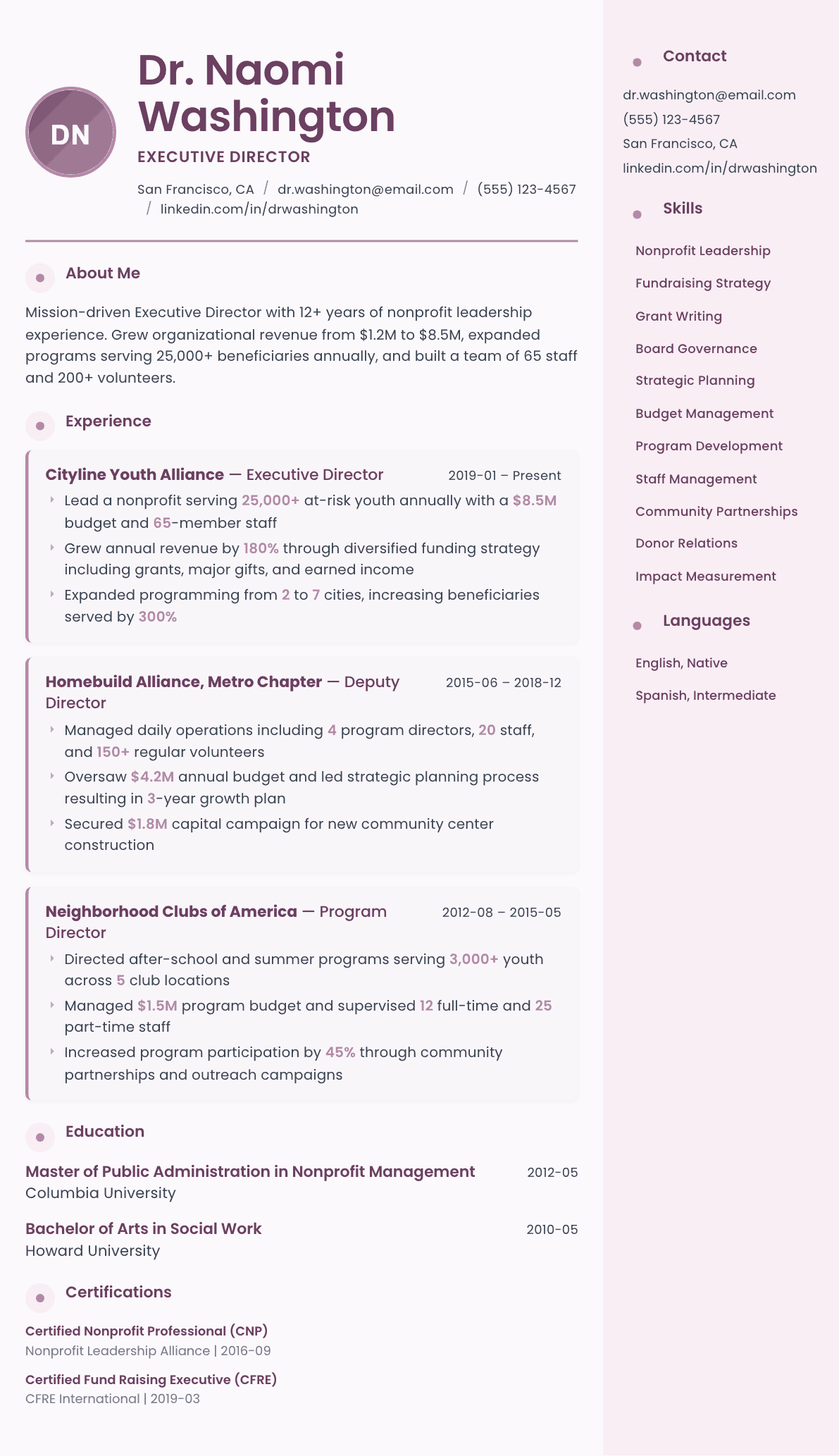 Executive Director (Nonprofit) resume example, Bloom template