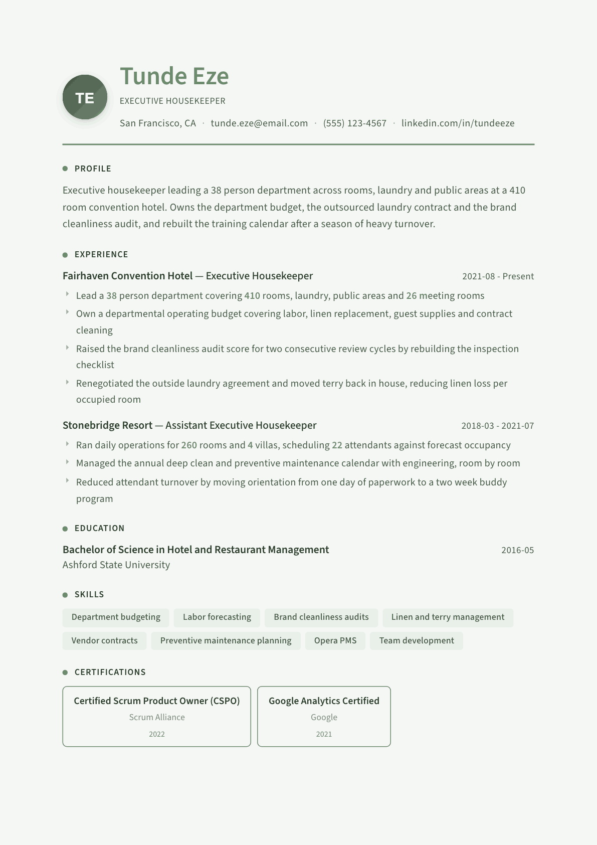 Executive Housekeeper resume example, Sage Garden template