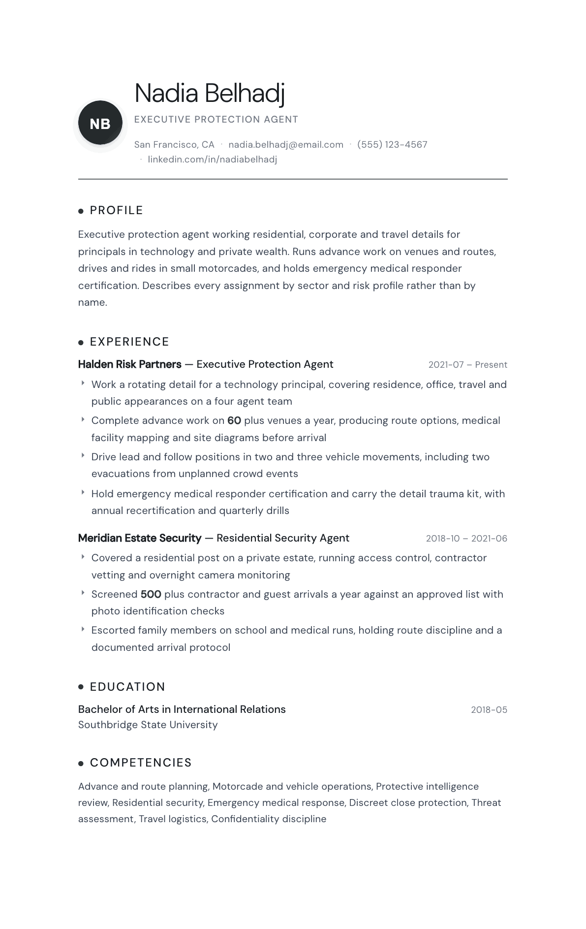 Executive Protection Agent resume example, Pinnacle template