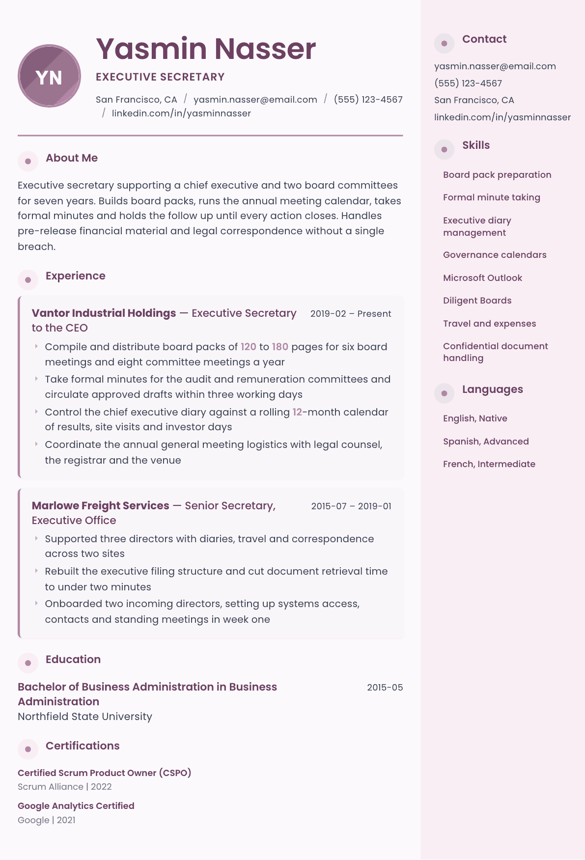 Executive Secretary resume example, Bloom template