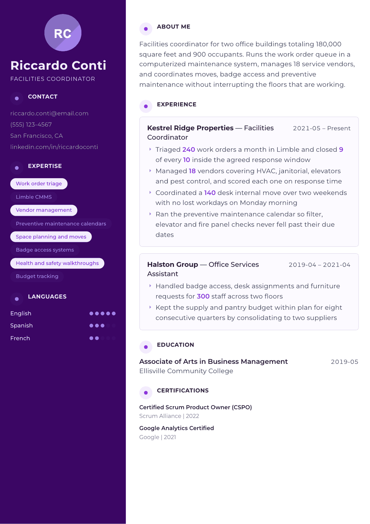 Facilities Coordinator resume example, Palette template