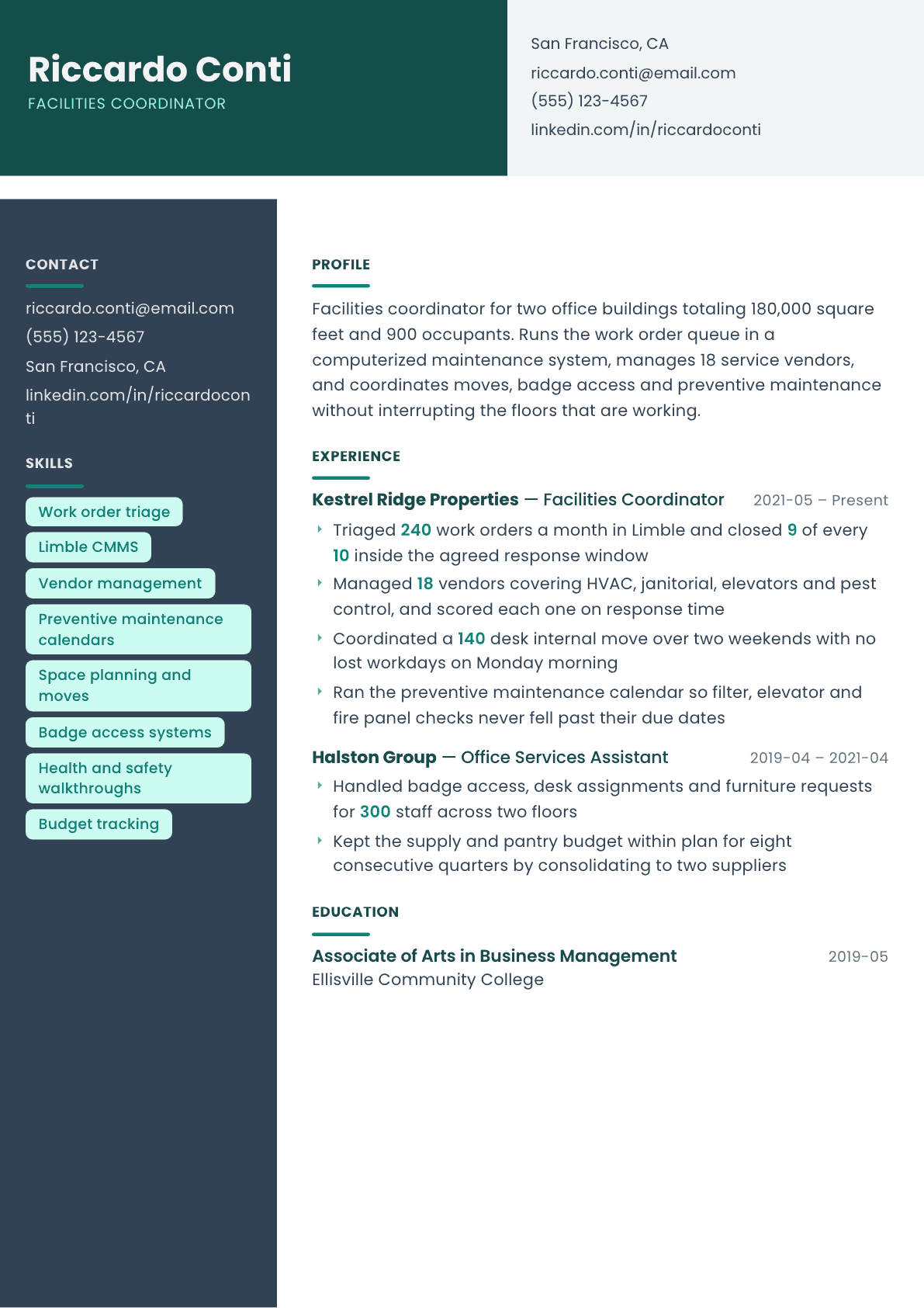 Facilities Coordinator resume example, Spectrum template