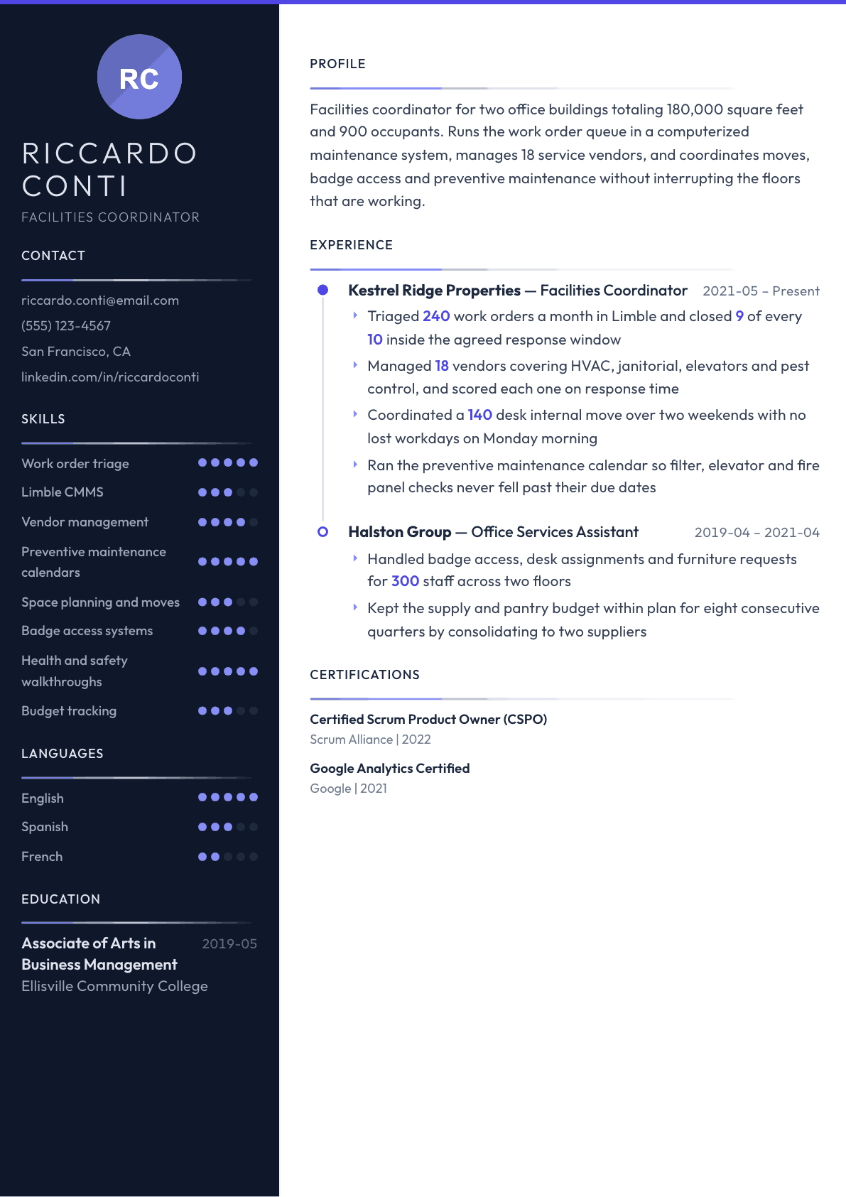 Facilities Coordinator resume example, Zenith template