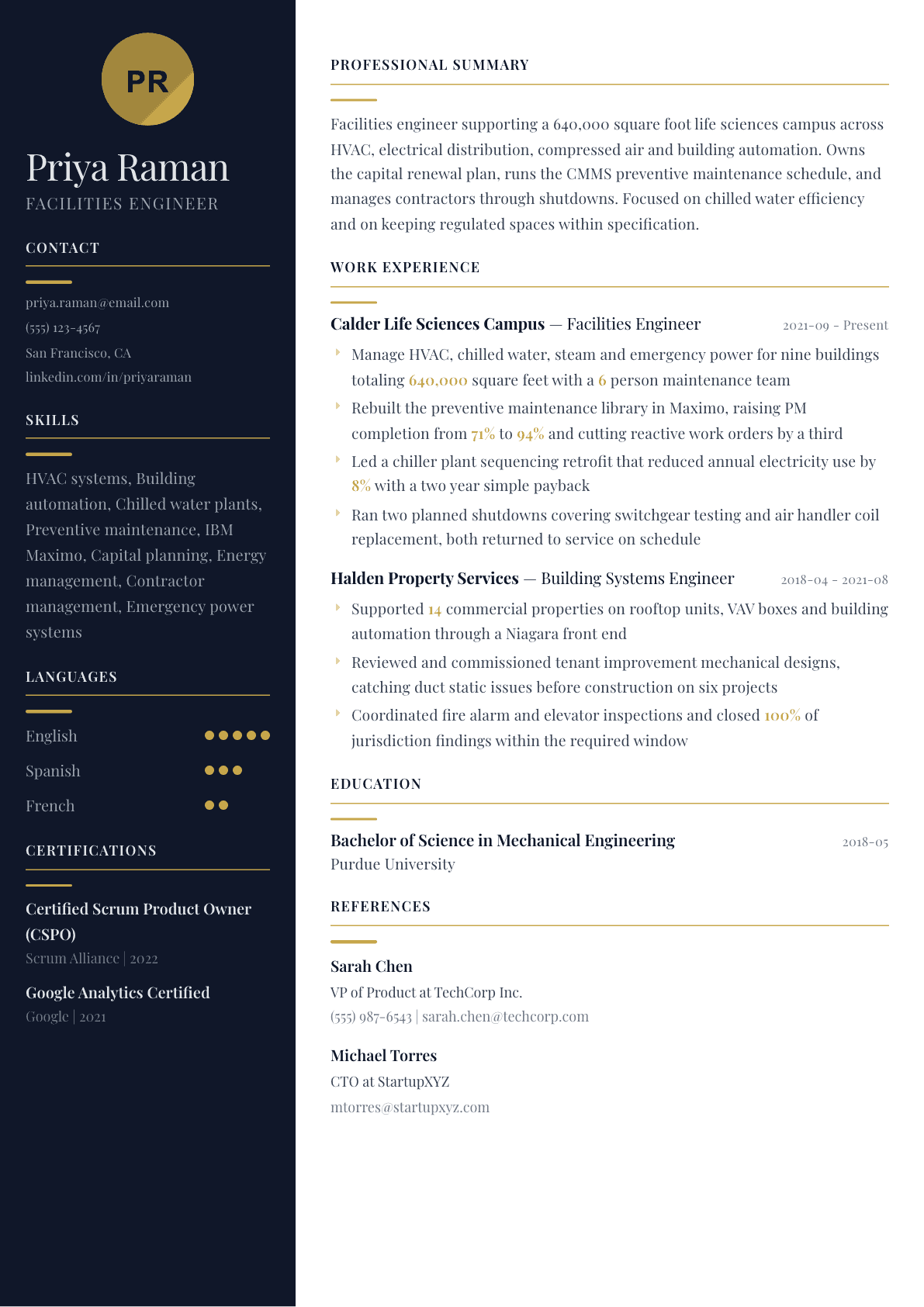 Facilities Engineer resume example, Zurich template