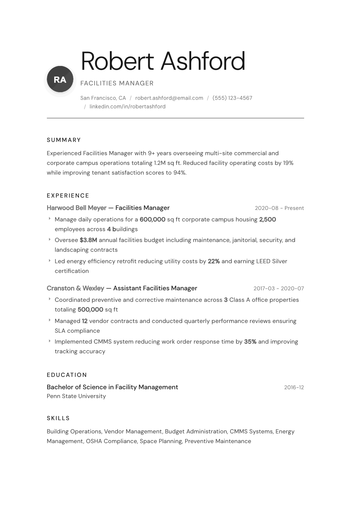 Facilities Manager resume example, Whisper template