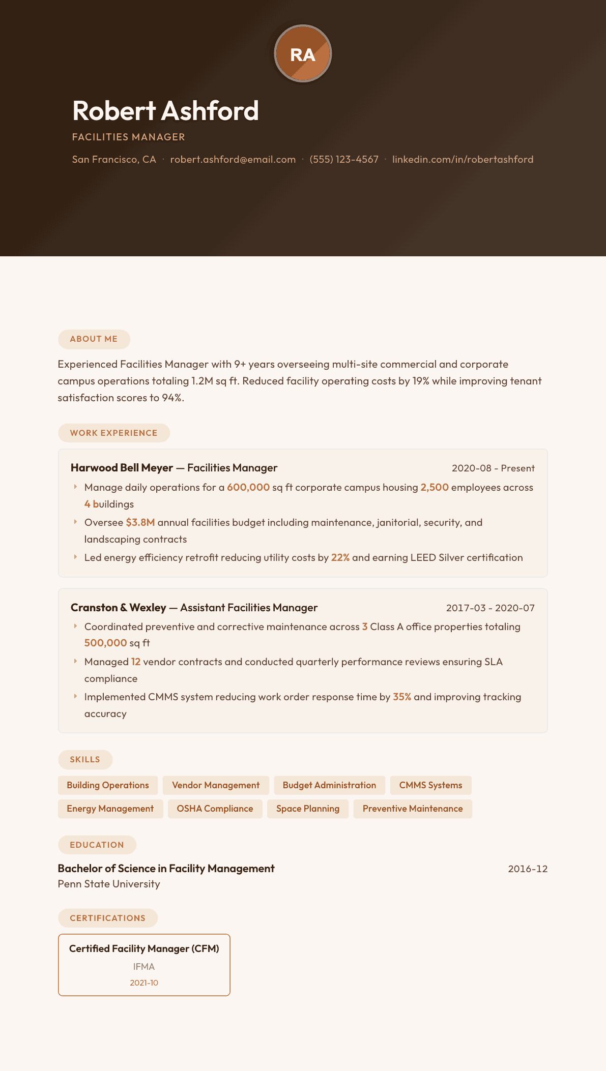 Facilities Manager resume example, Terracotta Studio template