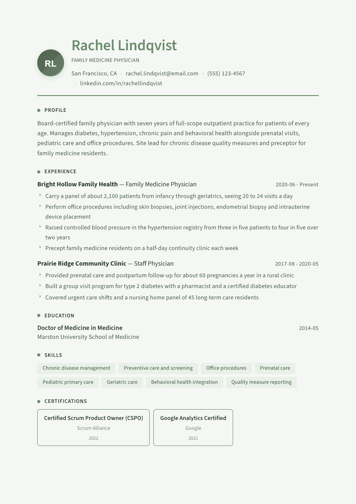 Family Medicine Physician resume example, Sage Garden template
