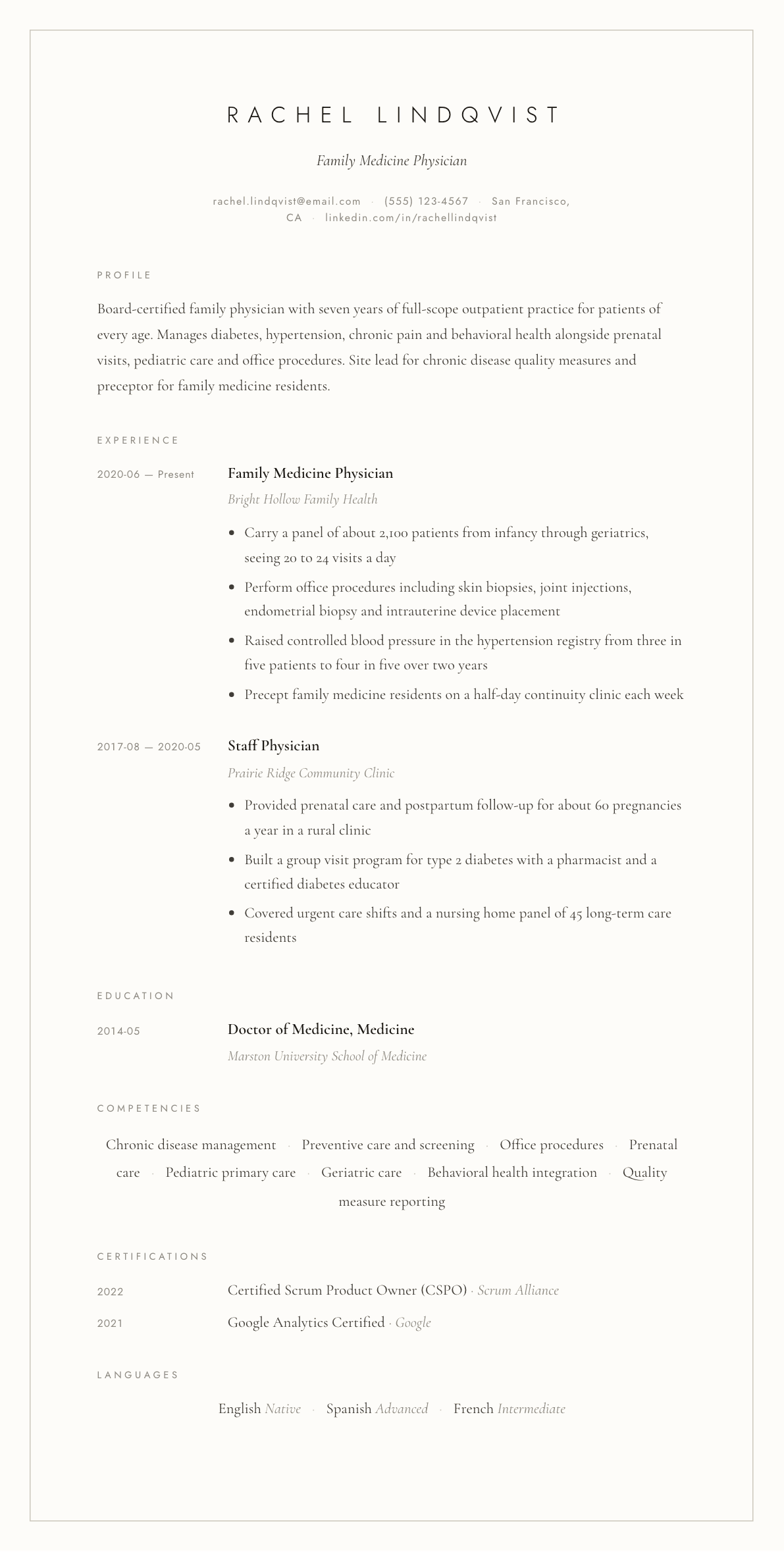 Family Medicine Physician resume example, Vellum template