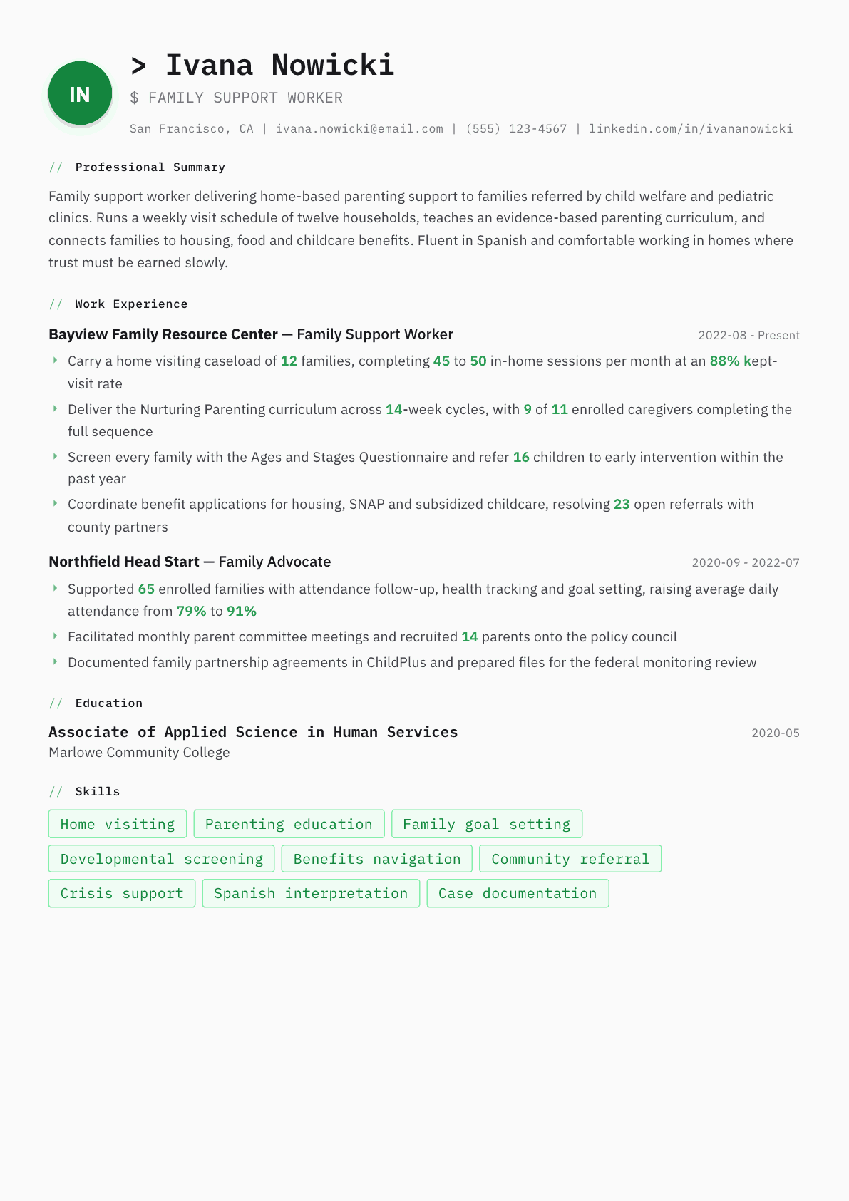Family Support Worker resume example, Amsterdam template