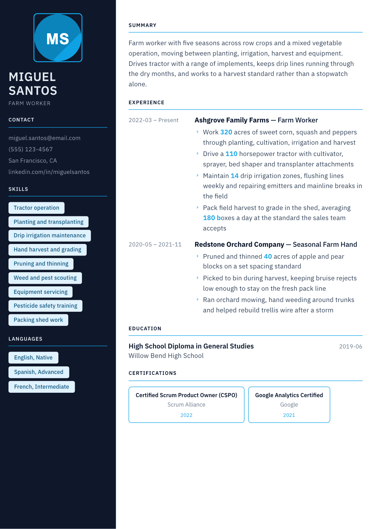 Farm Worker resume example, Everest template