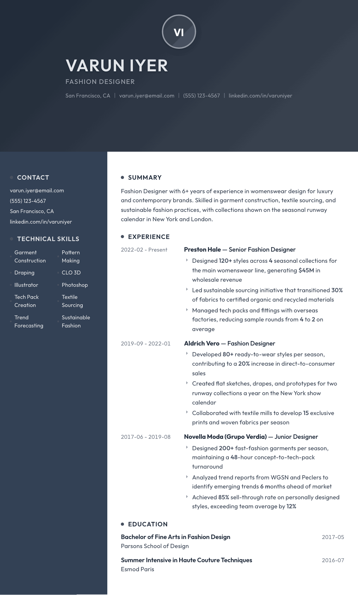 Fashion Designer resume example, Binary template