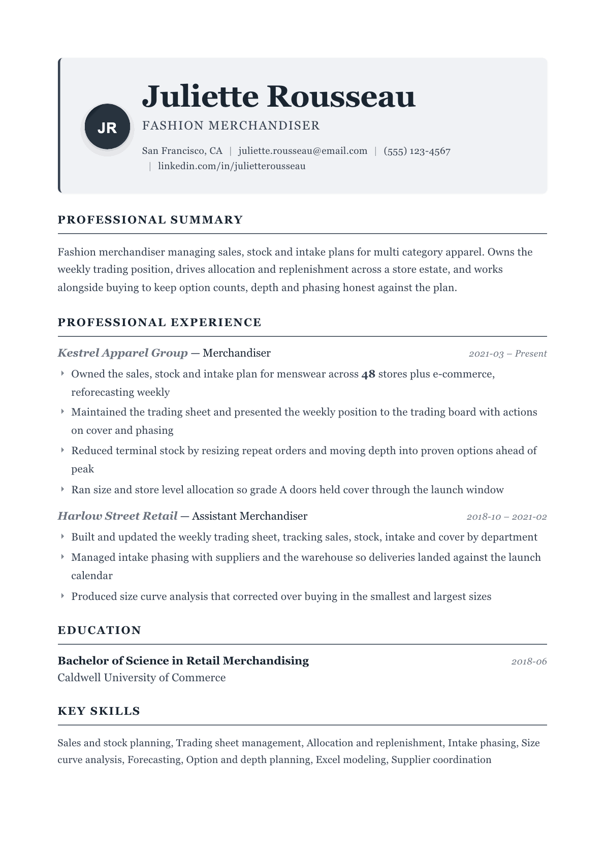 Fashion Merchandiser resume example, Traditional template