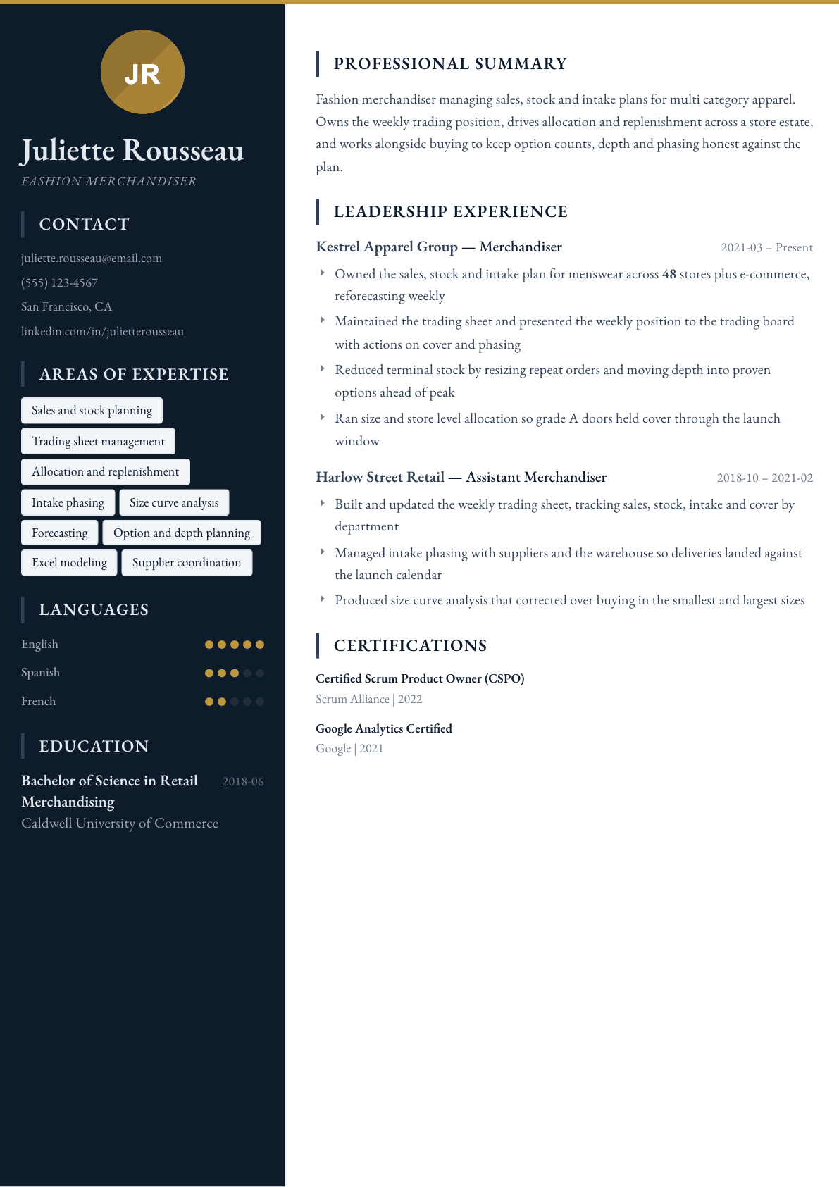 Fashion Merchandiser resume example, Presidio template
