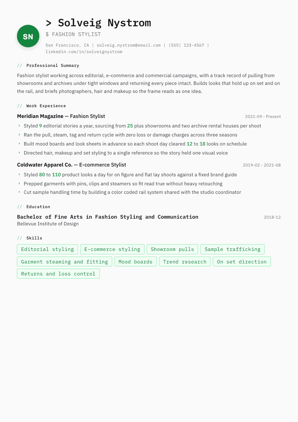 Fashion Stylist resume example, Amsterdam template