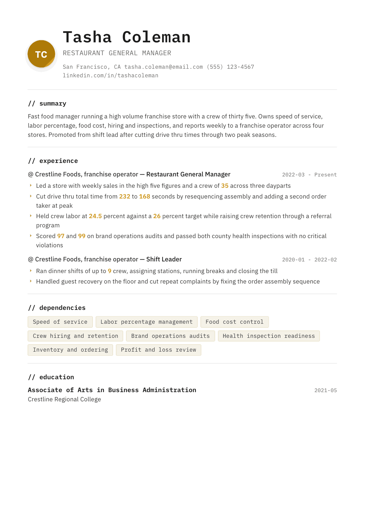 Fast Food Manager resume example, Terminal template