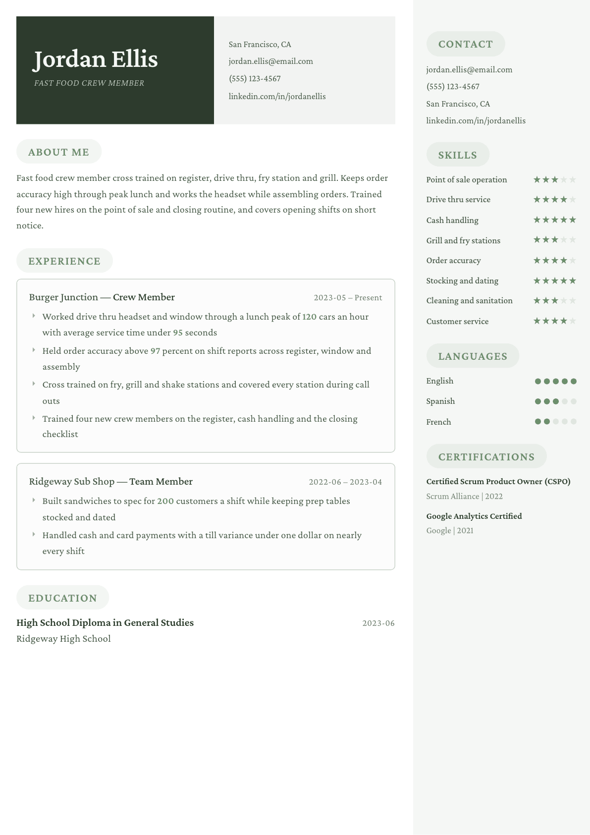 Fast Food Worker resume example, Mayfair template