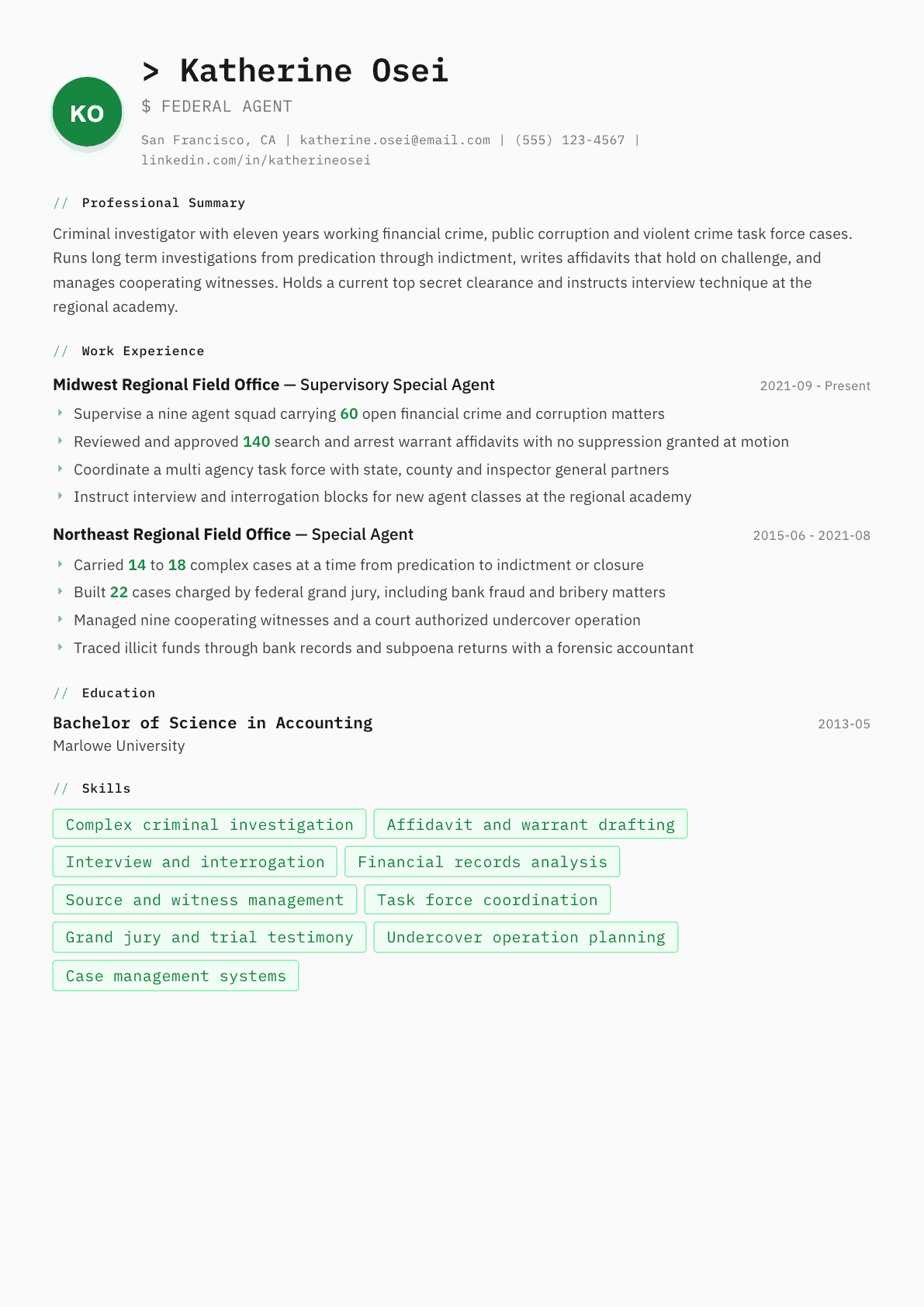 Federal Agent resume example, Amsterdam template