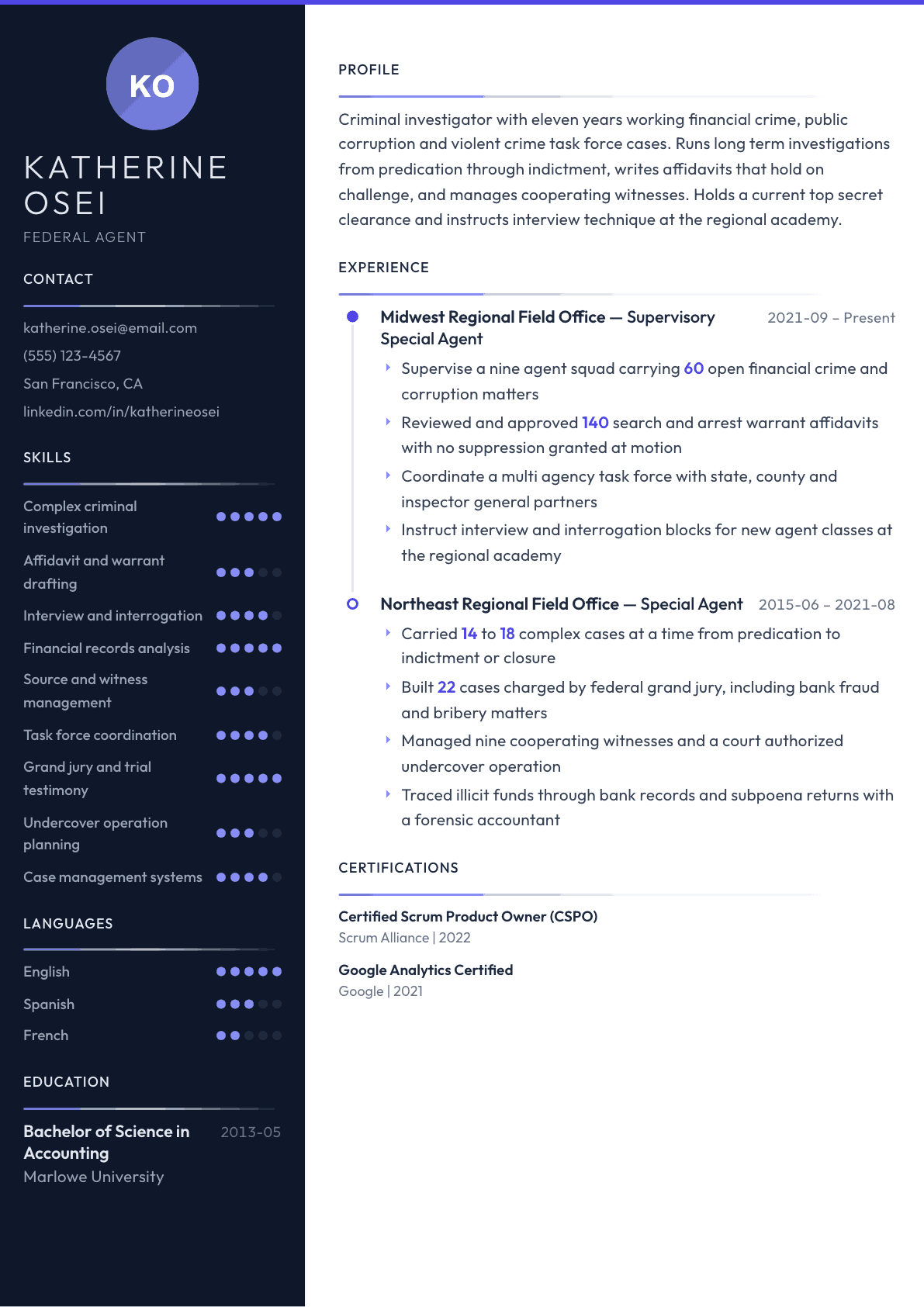 Federal Agent resume example, Zenith template