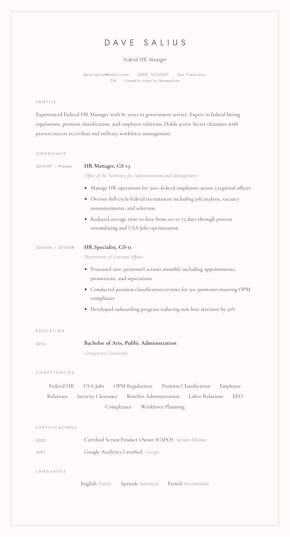 Federal resume example, Vellum template