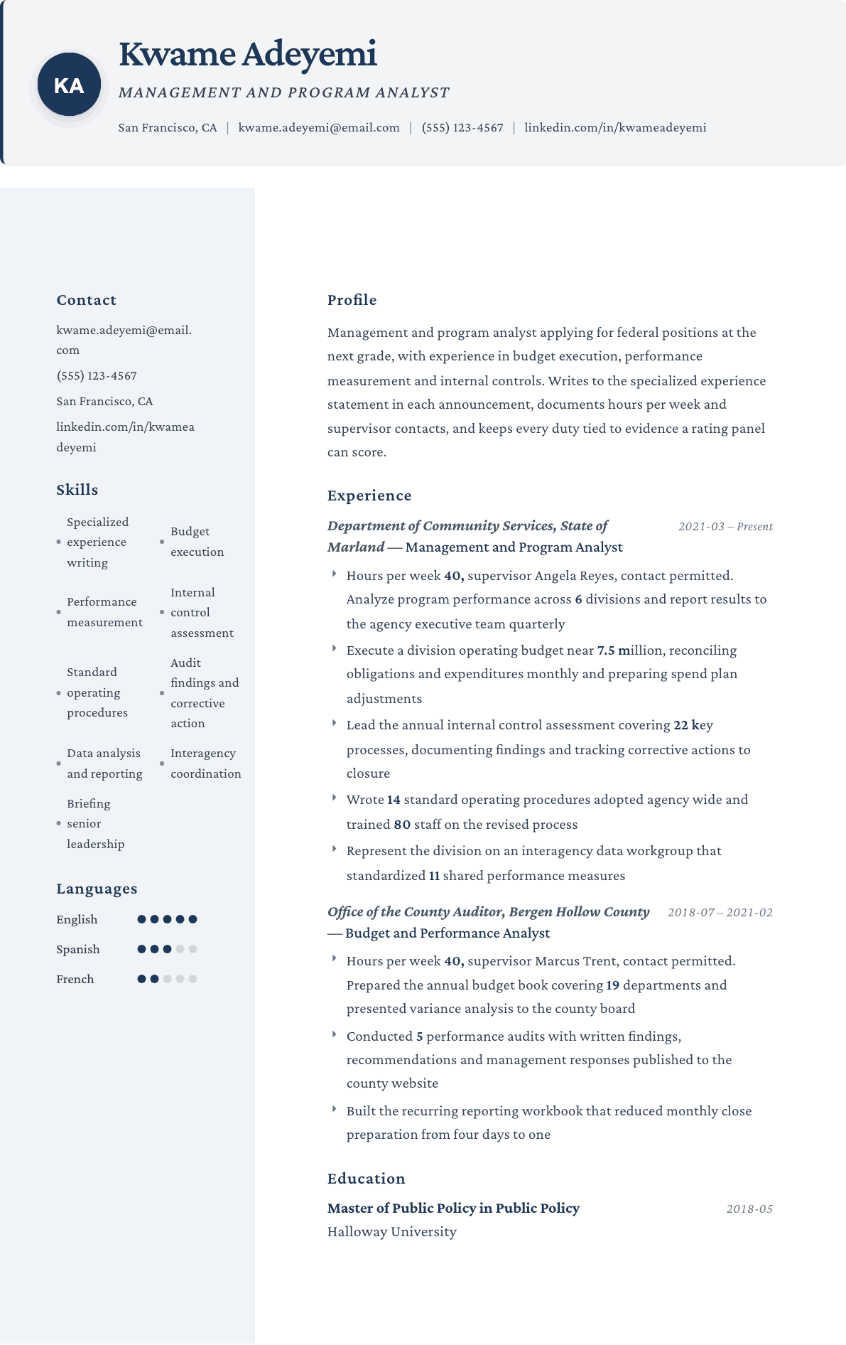 Federal Government resume example, Formal template
