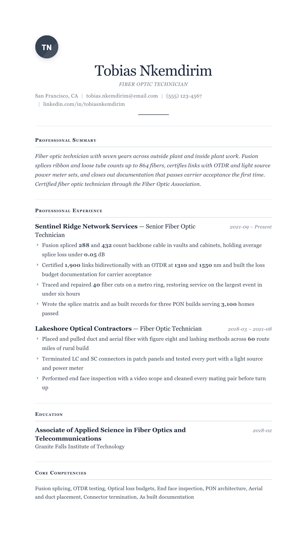 Fiber Optic Technician resume example, Cornerstone template