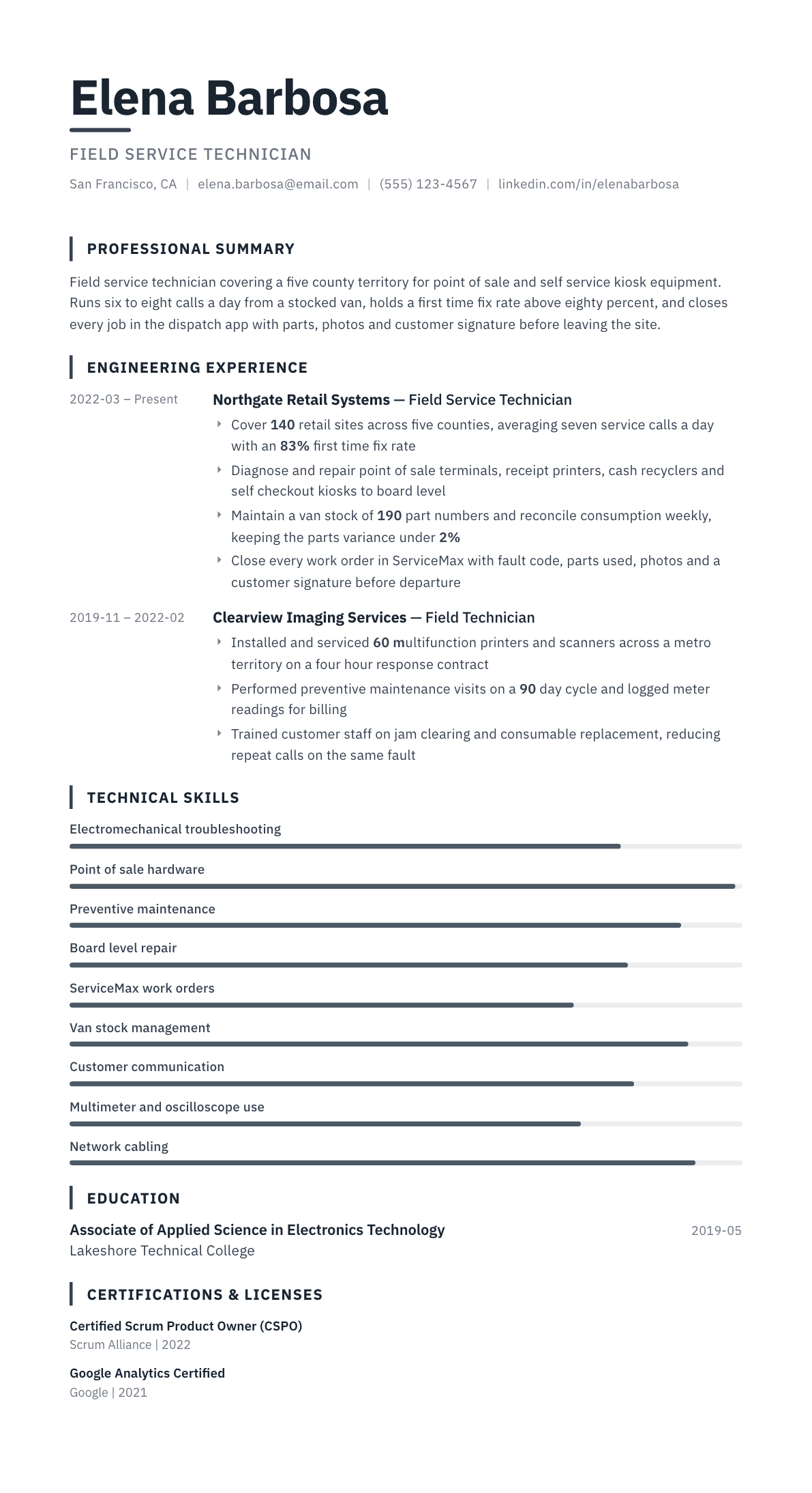 Field Service Technician resume example, Blueprint template