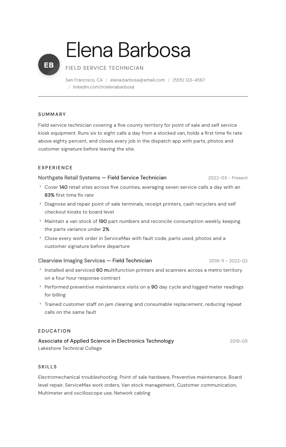 Field Service Technician resume example, Whisper template